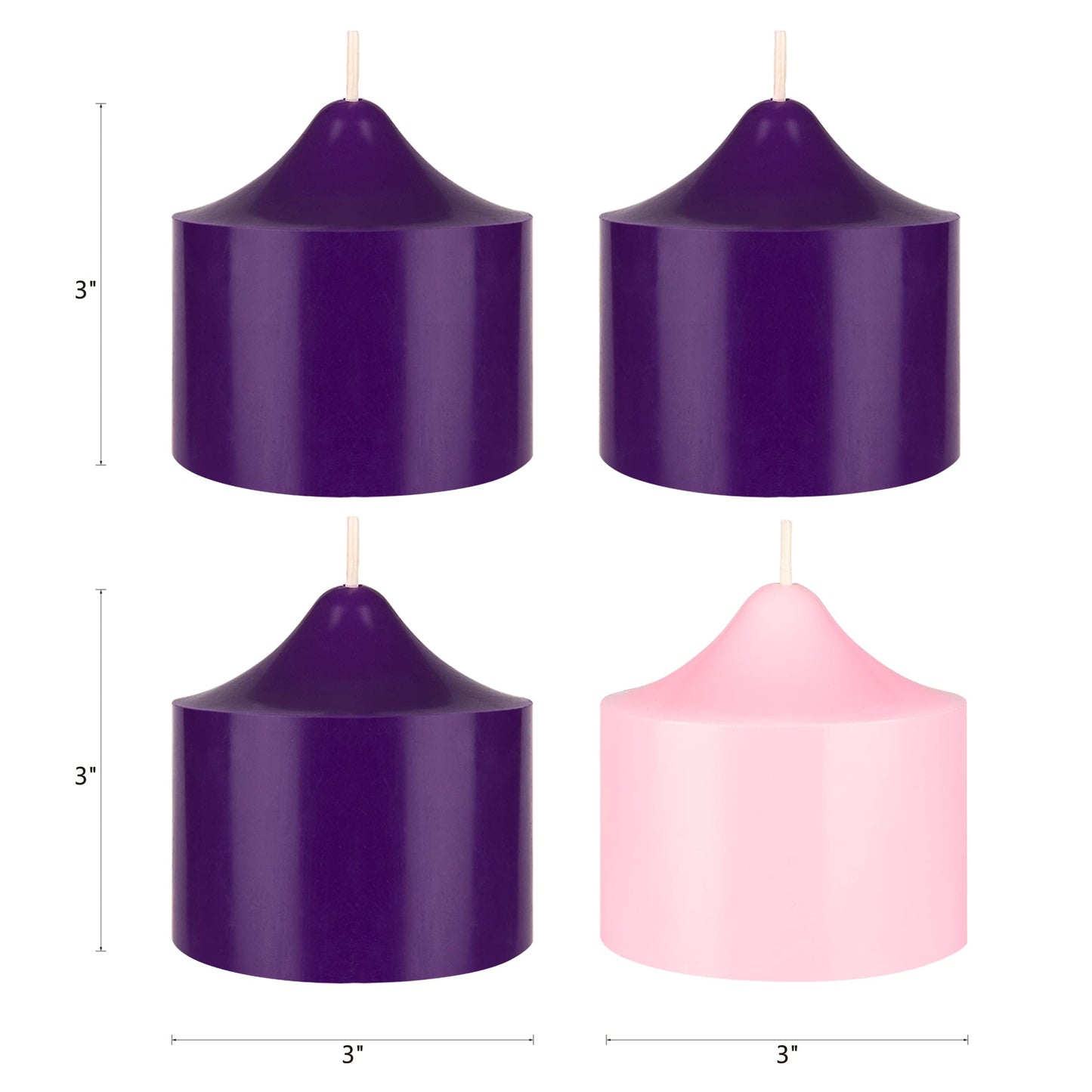 Mega Candles 4 pcs Unscented Christmas Advent Candles Set, Hand Poured Premium Wax Bell Top Round Pillar Candle 3 Inch x 3 Inch, Holidays, Festivities, Devotional, Church, Wreath, Party, Gifts