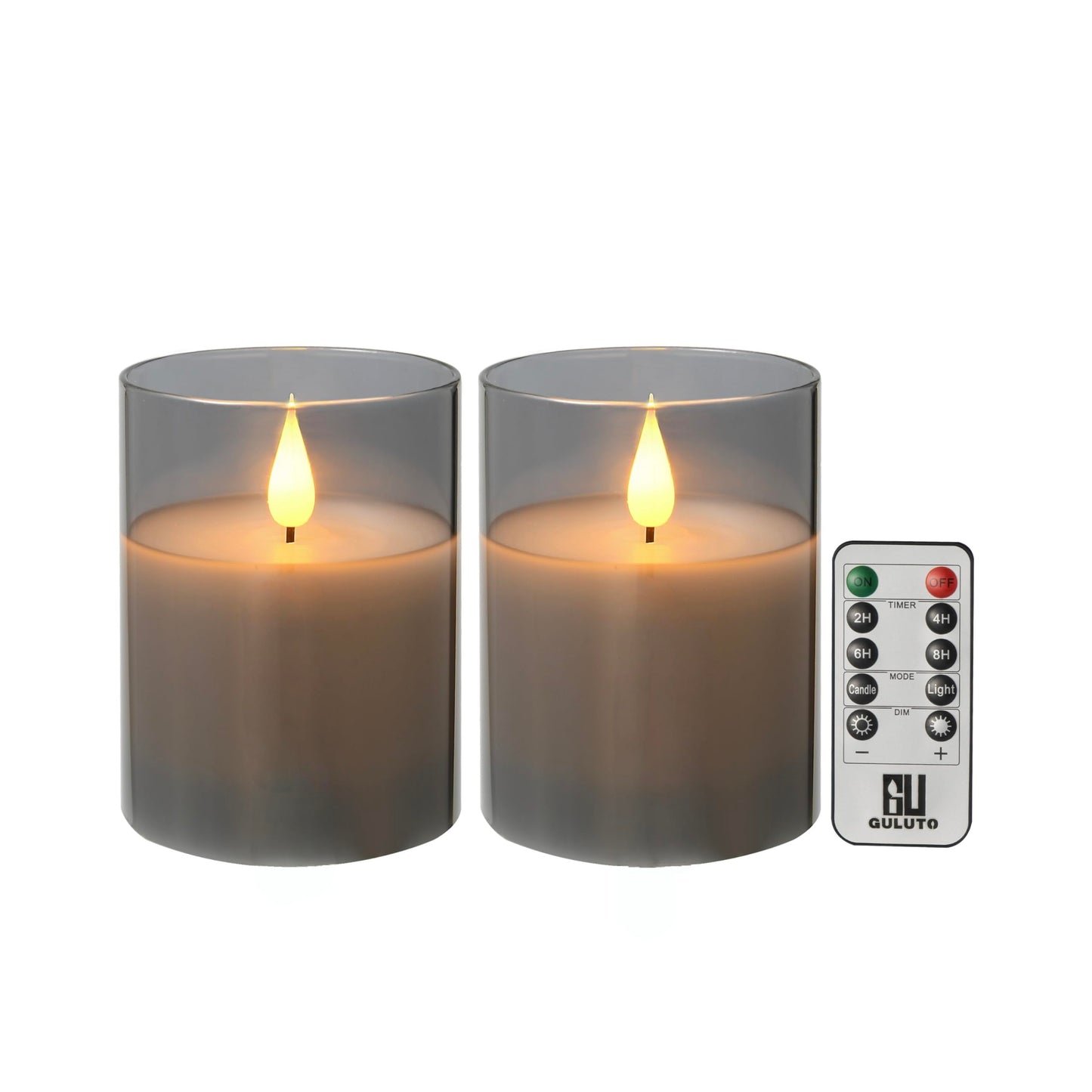Guluto Glass Battery Operated LED Flameless Candles, Set of 2, D 3" x H 5", Real Wax Pillar Flickering Candles with Remote and Timer, Electronic Candle with 3D Wick for Festival Home Party Decor Grey