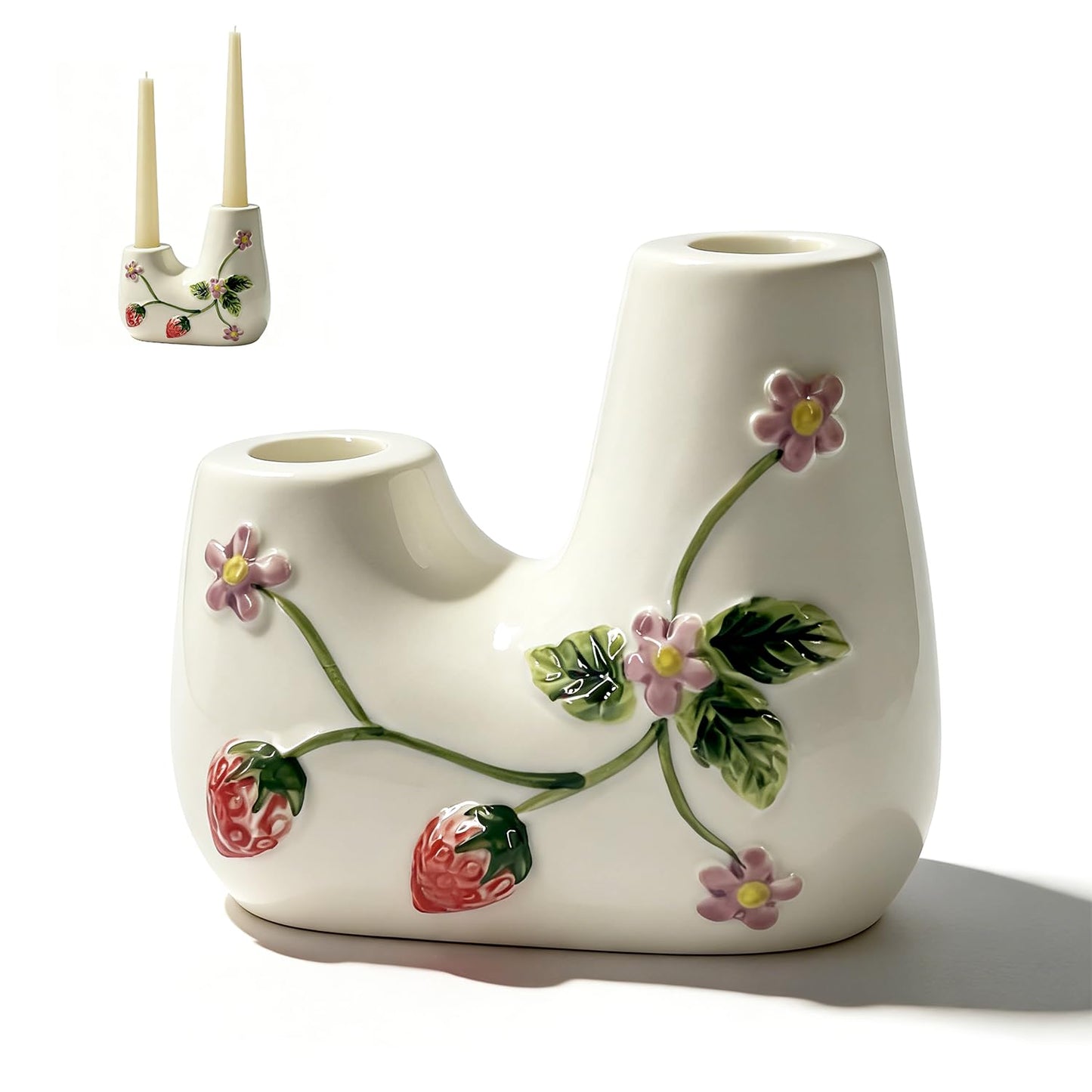 Ceramic Candle Holder Set of 1, Double Tapered Candlestick Holders with Strawberry 3D Relief Design, for Dining Table, Wedding, Home Decor, and Mantelpiece - White