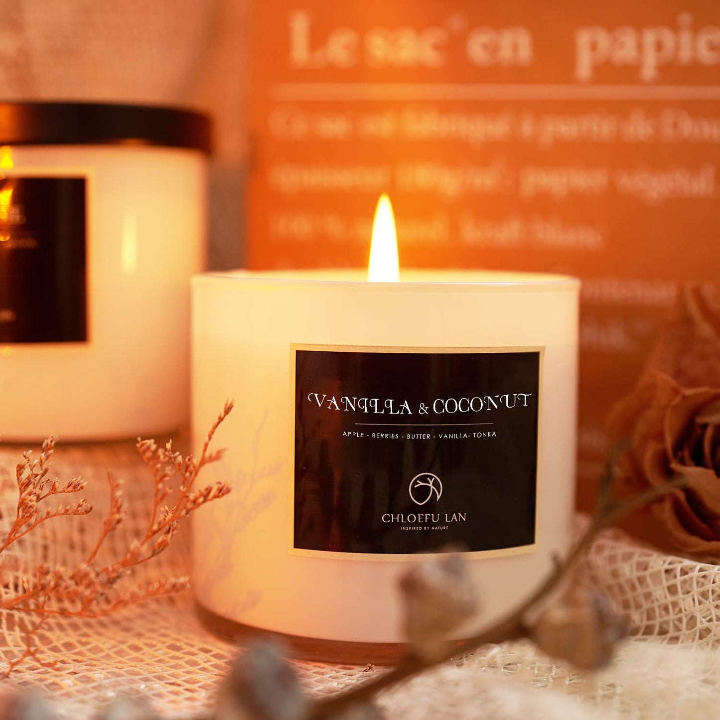 Chloefu LAN Vanilla & Coconut Scented Candle Sets Luxury Soy Jar Candle 7.1oz|45 Hour Long Lasting Burn Highly Scented Valentines Gifts for Men & Women All-Natural Soy Wax Candle 2 Pack