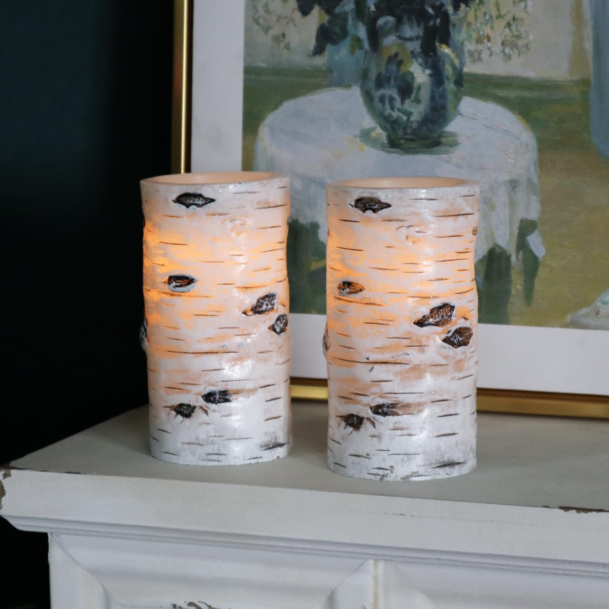 H-BLOSSOM Flickering Flameless Candles Birch Bark Effect Battery Operated Real Wax Pillar Candles LED Candles with Cycling 5H Timer Pack of 2 (3" x 6")