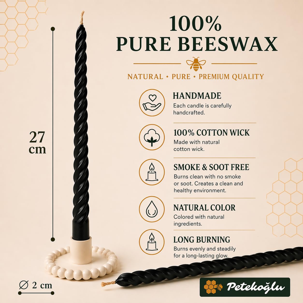 Petekoglu Black 2 Pack Taper Beeswax Candles 27.5 cm Twisted Candlestick Dinner Candles Natural Honeycomb Beeswax