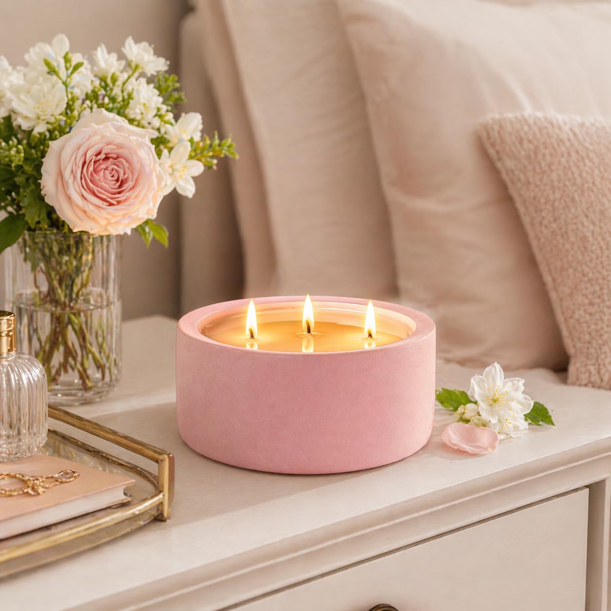 20oz Large Scented Candle - Blush Bloom, 3 Wick Soy Candle, Pink Decorative Ceramic Jar Candle, Non Toxic Home Fragrance Candle for Women, Bedroom, Bathroom, Living Room