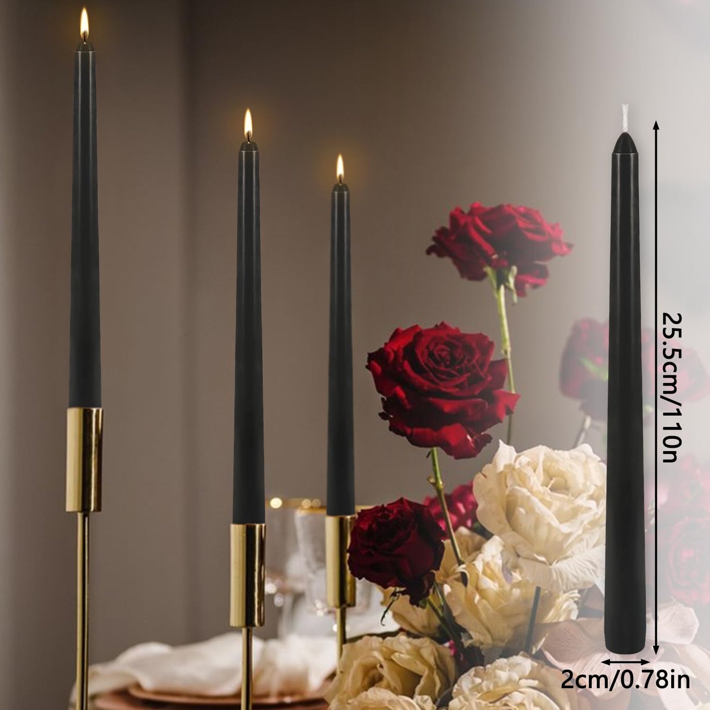 12Pack 10inch Black Taper Candle-Unscented and Smokeless-8hours Long Burning time,Dripless,Ideal for Halloween Taper Candles, Weddings, Dinner,Parties