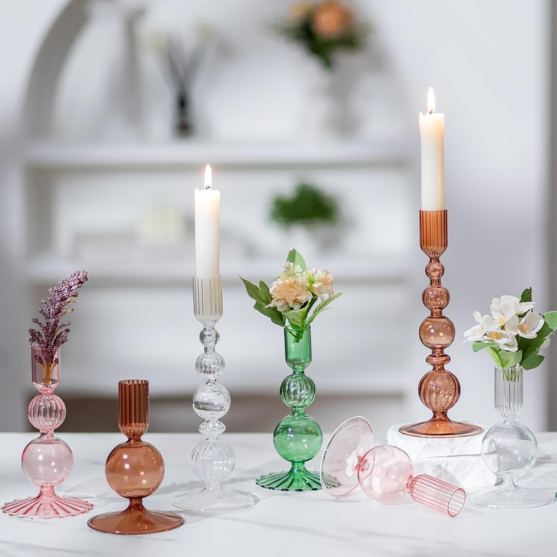 Hewory Glass Candlestick Holders Set: 3PCS Clear Candle Holder Taper Candle Holders Bulk, Crystal Ribbed Candle Sticks Holder Decor for Table Centerpiece Wedding Christmas Thanksgiving Dinner
