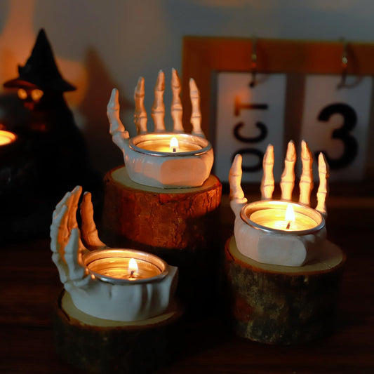 3pcs Gothic Skeleton Hand Tea Light Candle Holders, Halloween Candle Holders, Horror-Themed Spooky Home & Halloween Decorations