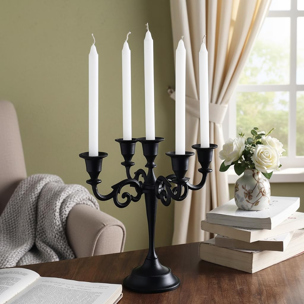 Rely+ 5 Arm Matte Black Candelabra Taper Candle Holders Decorations Indoor Kitchen Décor Table Candles Candlestick Candelabra Centerpiece Gothic Home Decor Wedding 10 Inch Tall