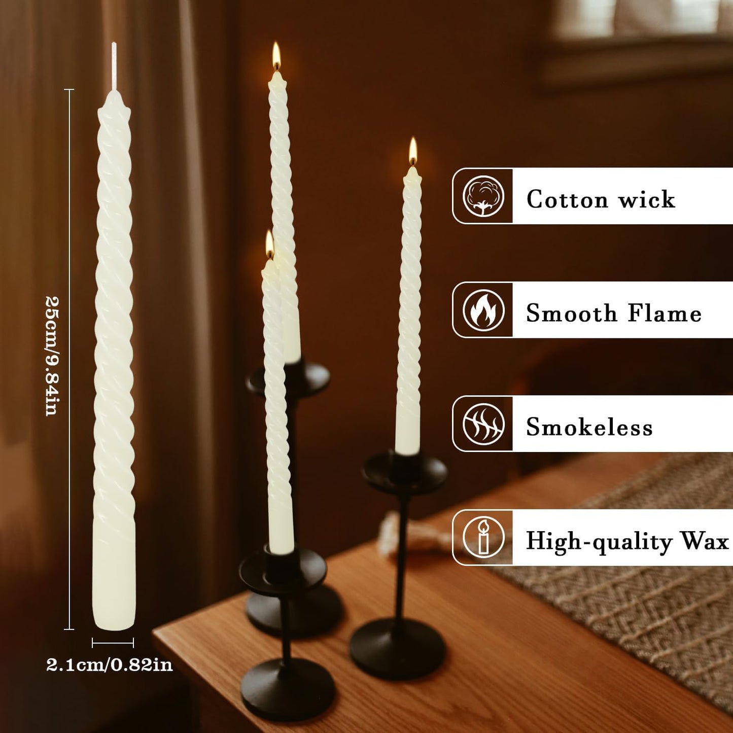 WPONSZU 10 Inch Ivory Spiral Taper Candle Set of 12 Pack Unscented Dripless Candlesticks for Valentine's Day,Dinner,Party,Brithday,Wedding,Christmas,and Home Decoration