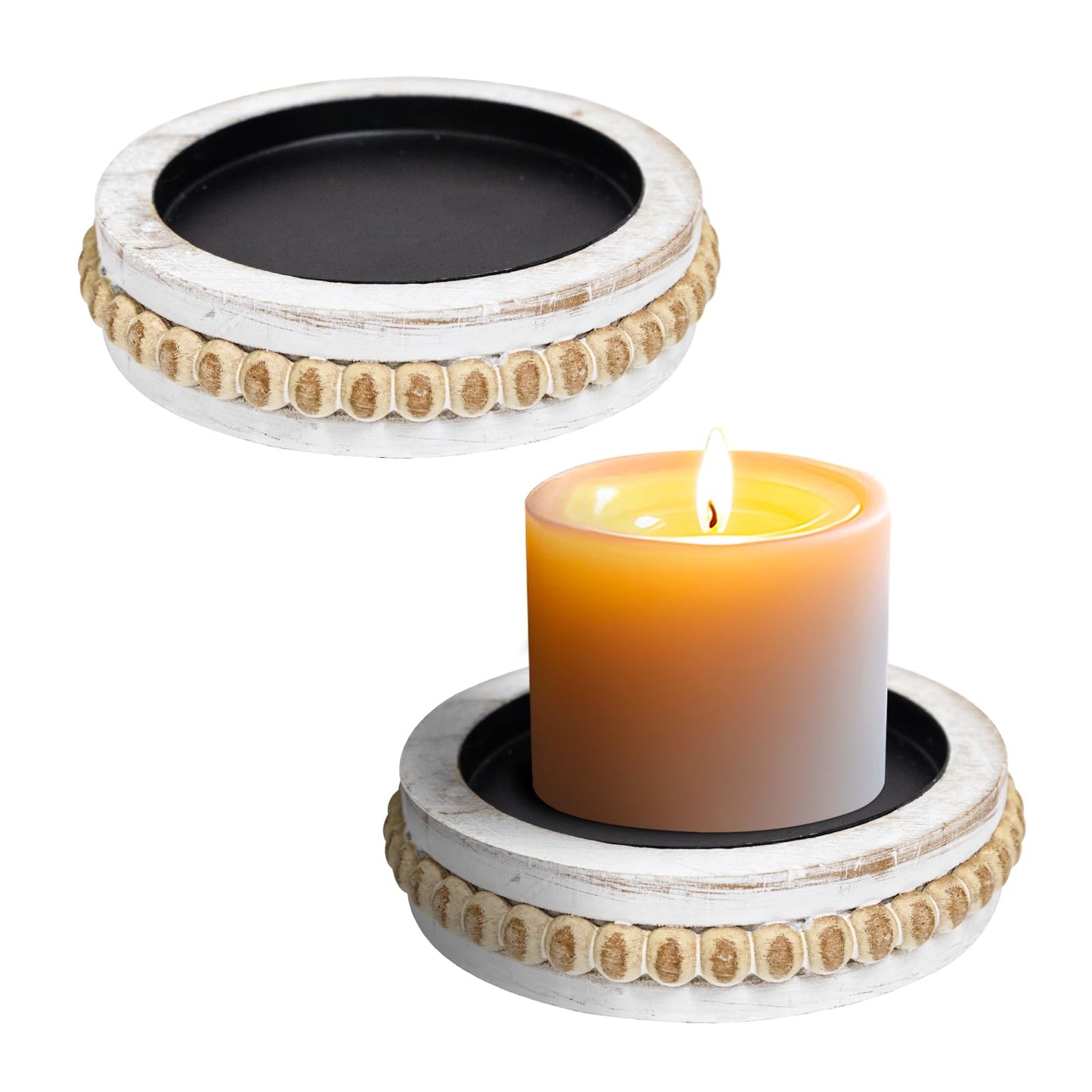 Candle Pedestal for Pillar Candle Set of 2, Rustic Round Beaded Risers Wood Tray, Farmhouse Wood Beaded Trayfor Tiered Tray, Candle, Mug Display Decorative, Table Centerpiece, Antique White