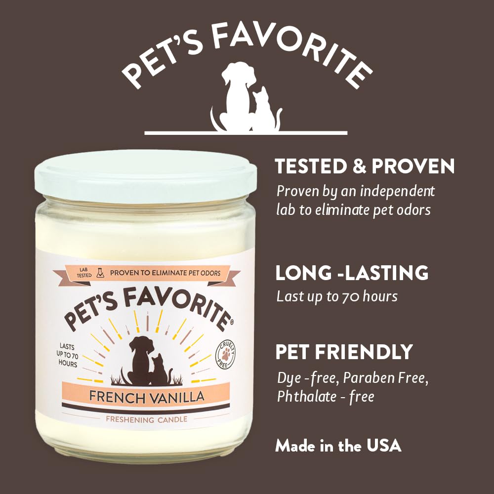 Pet's Favorite French Vanilla Candle for Pet Odor, Clean, Plant Based Air Freshener with a Natural Fiber Wick and 70 Hour Burn Time, Scented Pet Candle for Home