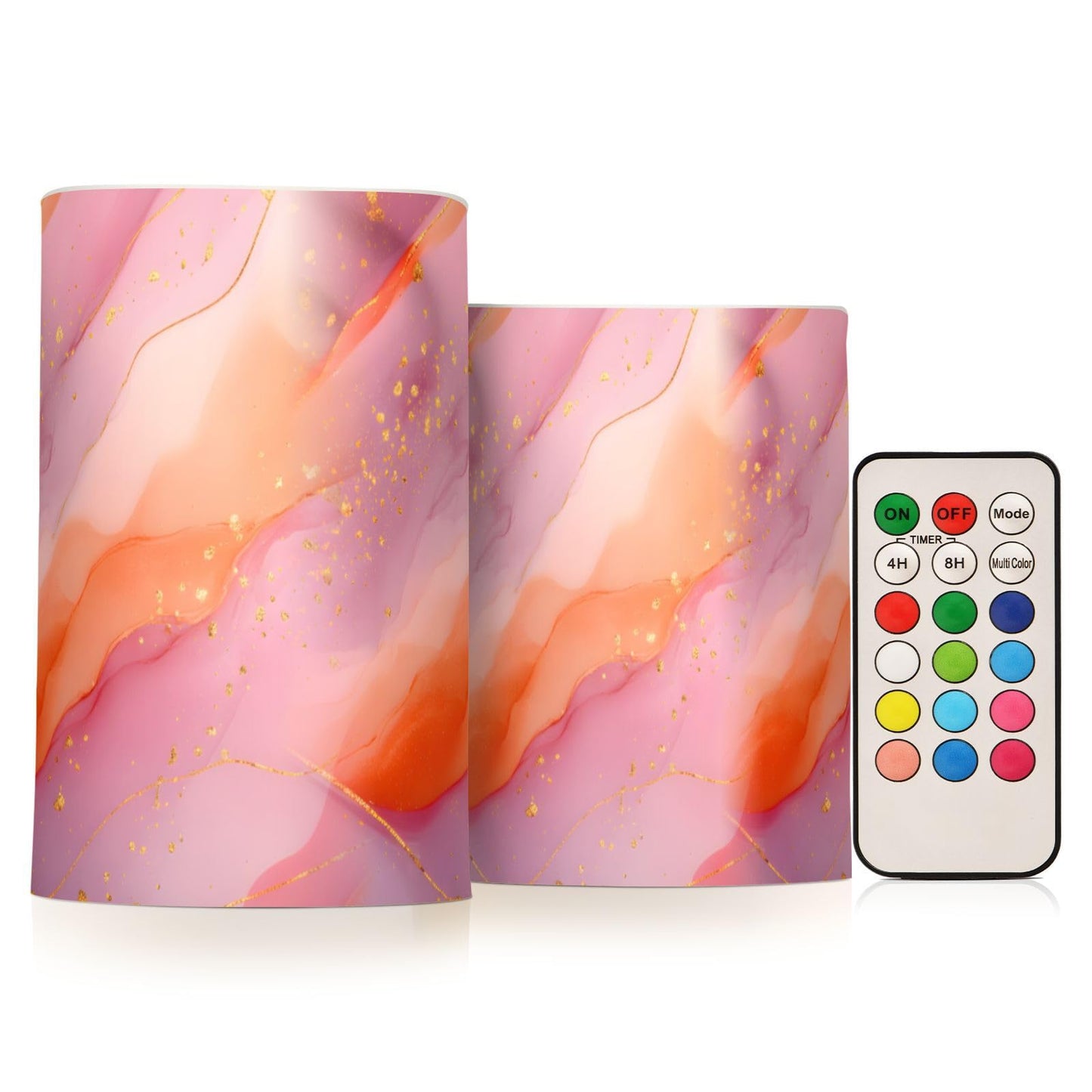 zyrtty 2 Pack Plastic Flameless Candles Light Pink and Orange Abstract Marble Pattern Battery Operated with Remote and Timer Real Wax LED Flickering Pillar Candles Set Window Christmas Holiday Decor