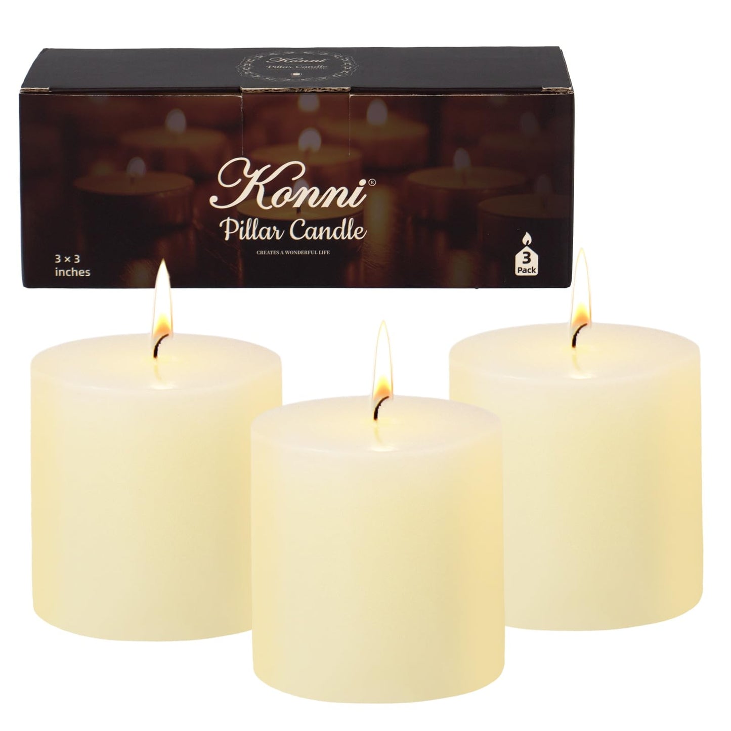 KONNI Ivory Pillar Candles Set of 3, 3"x 3" Unscented Pillar Candles Bulk, 30 Hours Long Burning Candles, Smokeless&Dripless Large Round Candle for Wedding, Home Decoration, Parties, Spas, Dinner