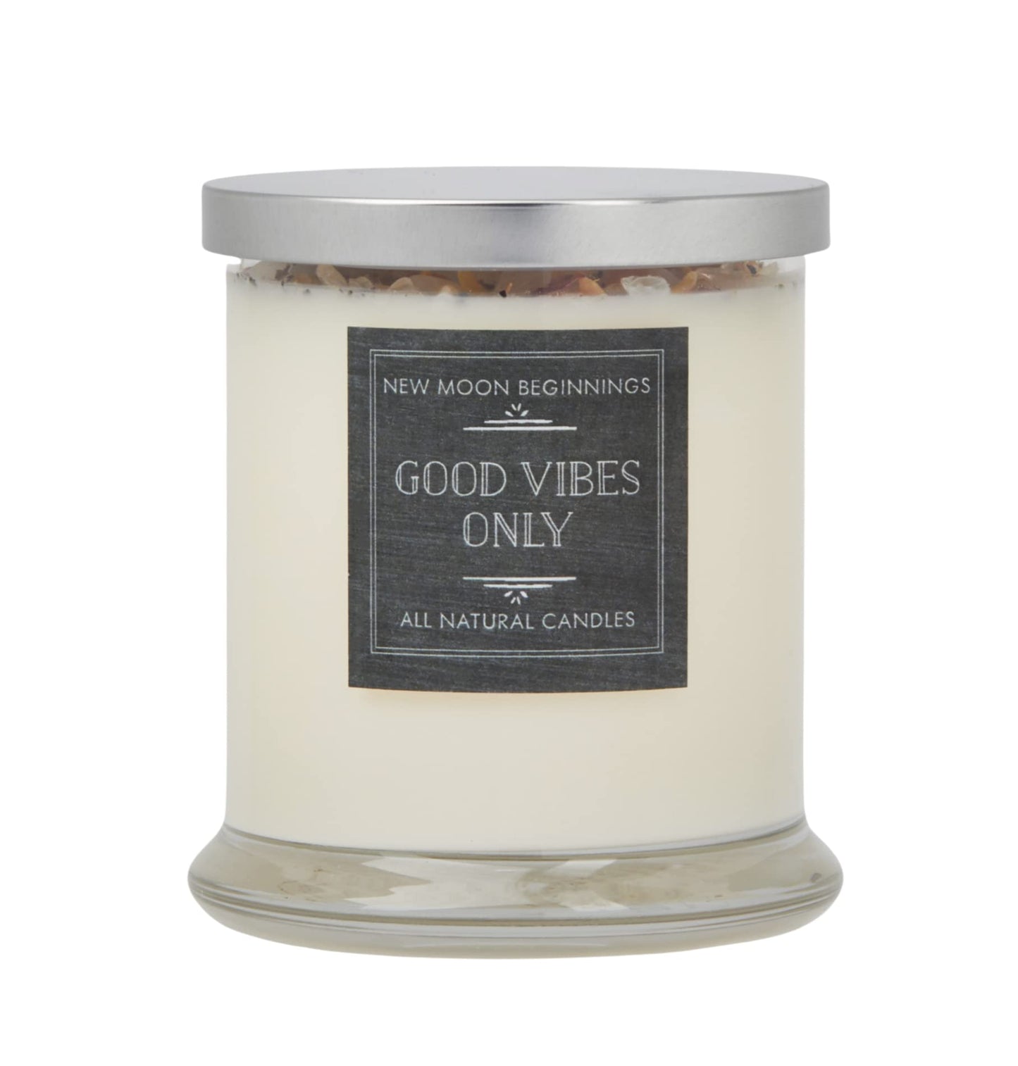 Good Vibes Only Candle by New Moon Beginnings - Negative Energy Cleansing - Soy Aromatherapy Candle - Handmade with Crystals & Herbs (12oz Round Glass Jar)
