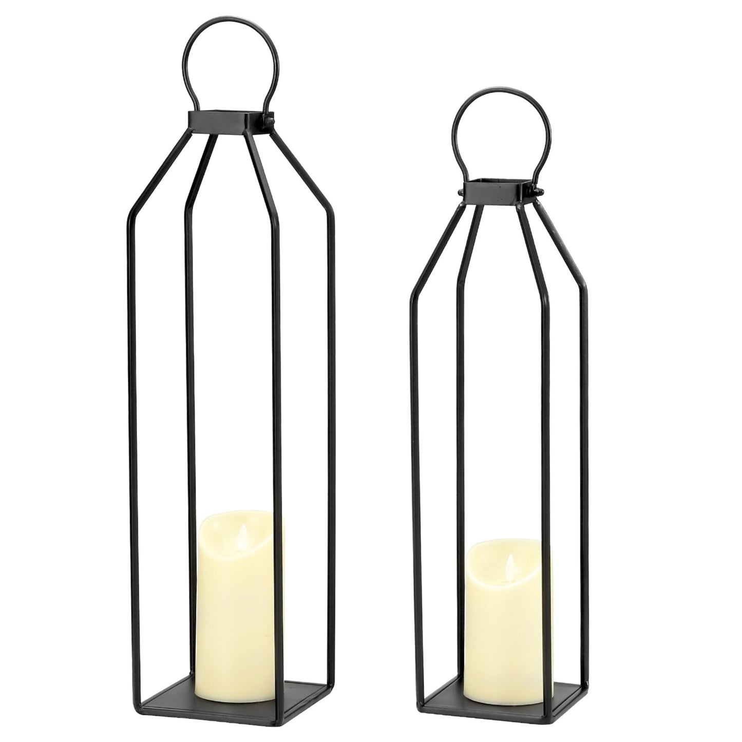 Perfnique Modern Farmhouse Lantern Decor, 19.7'' 22'' Set of 2 Black Metal Lanterns, 2 LED 6hr Timer Flickering Flameless Candles, Lanterns Decorative for Porch, Patio, Fireplace Mantle, Christmas