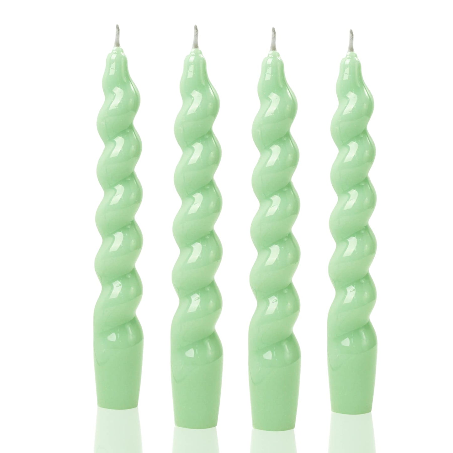MAITREYA Green Spiral Taper Candles - Handmade Twisted Conical Stick Candles (Set of 4) for Weddings, Parties, Church Decoration - Unscented, Dripless, 7.5 inches (A-Sage)