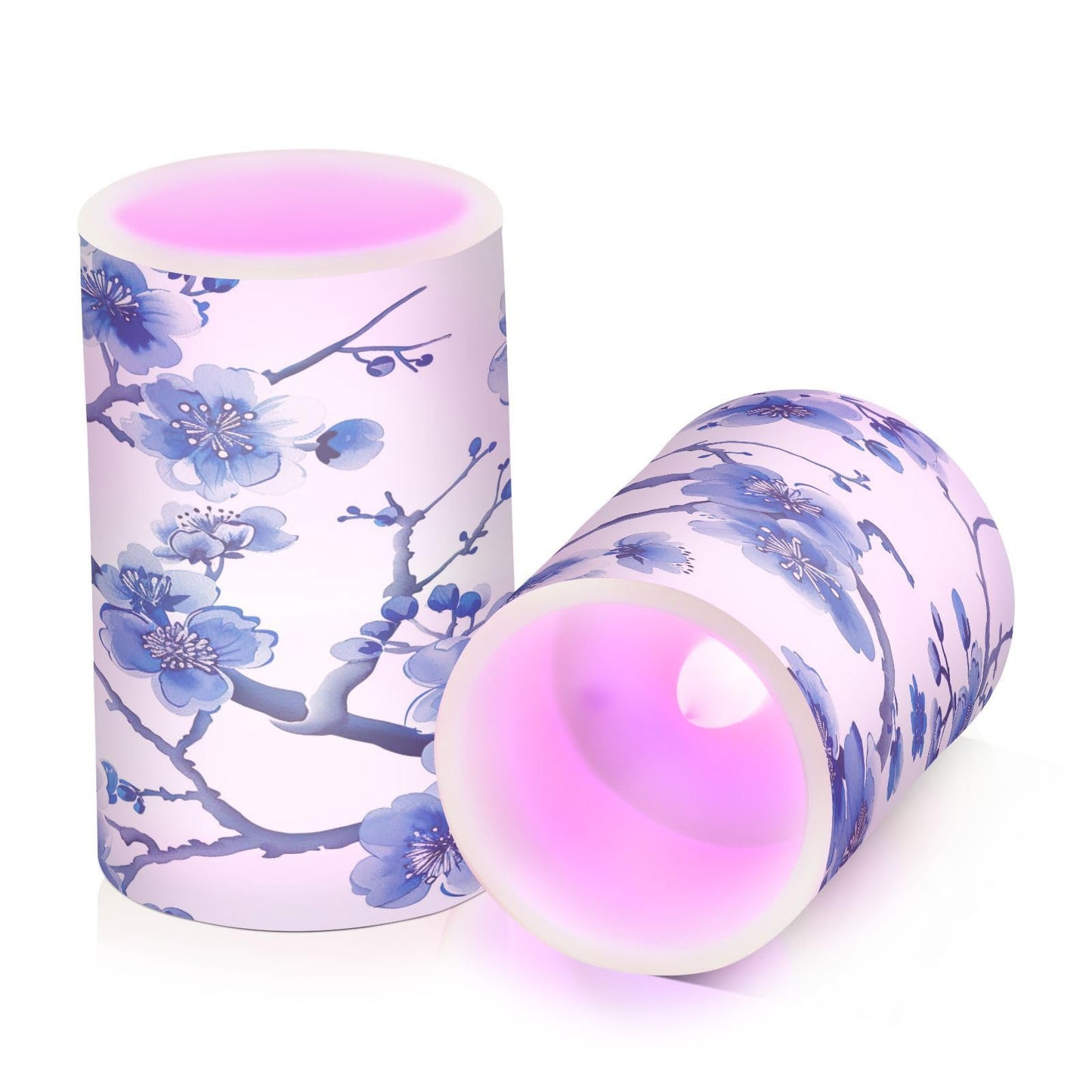 GUIJI Blue Peach Blossom Flameless Candles - Set of 2, Battery Operated Pillar Candles for Home Decoration, Christmas, Party