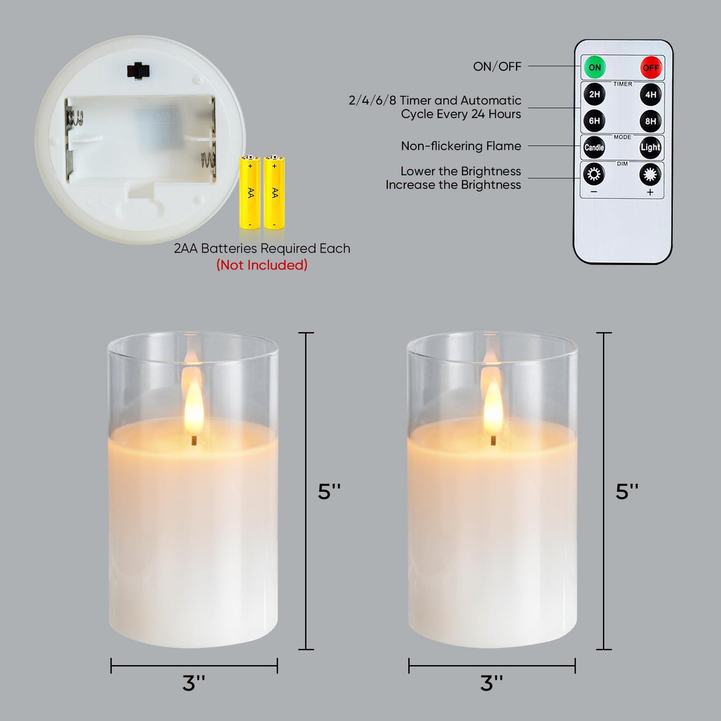 Amagic 3"x5" Clear Glass Flameless Candles Battery Operated with Timer, Remote Control, LED Pillar Candles, Battery Powered, Valentine's Day Decor, Pure White Wax, Set of 2