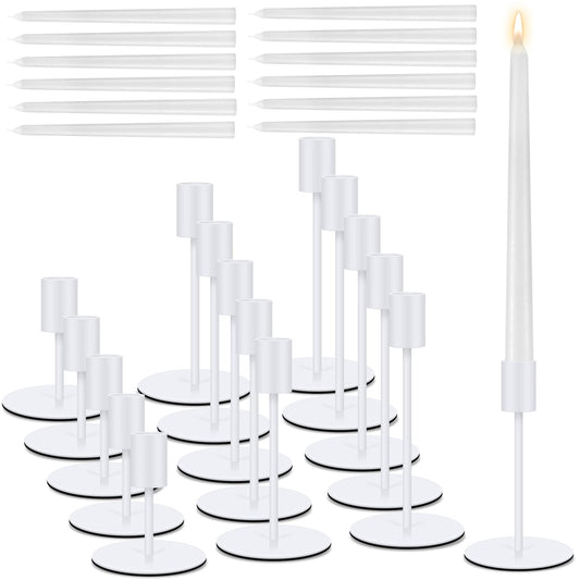 6 Set Candle Holders Bulk with 10'' Dripless Taper Candles 3.3'' 5.5'' 6.3'' Metal Candlestick Holders Vintage Modern Decorative Table Centerpiece for Wedding Birthday Home Decor (White)