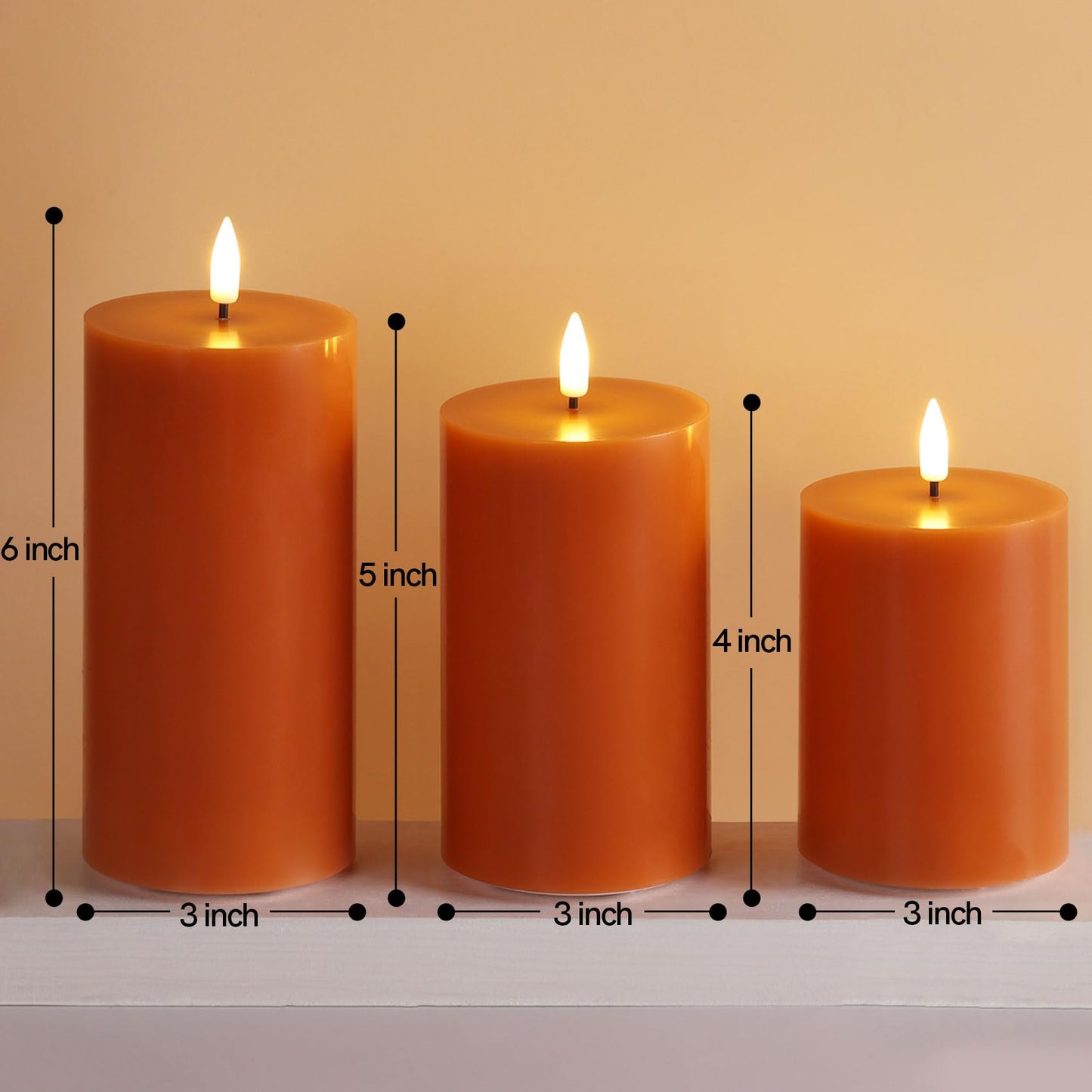 Girimax Burnt Orange Flameless Pillar Candles with Remote, Flickering LED Wax Candles Battery Operated Set of 3