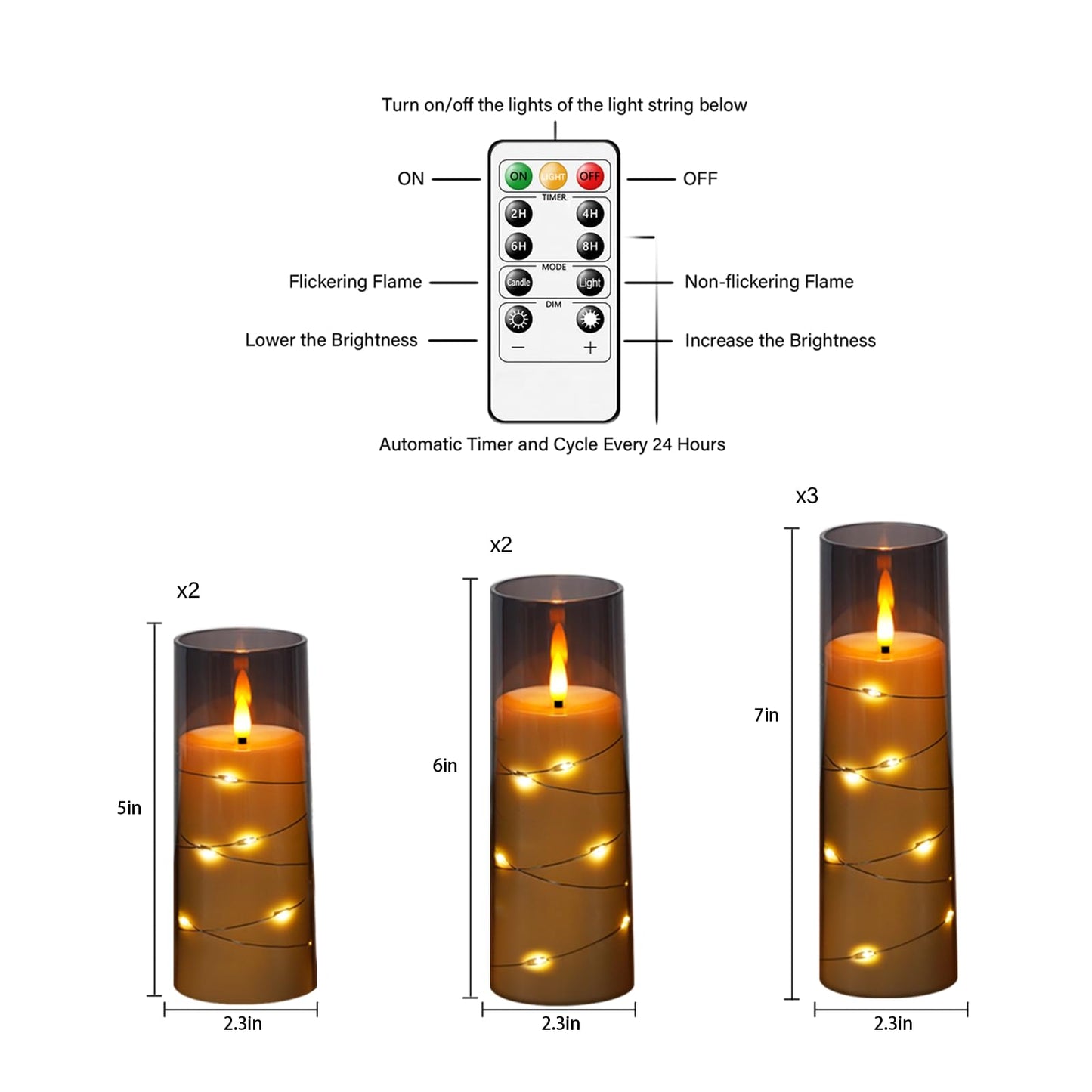 Flameless Candles,with Embedded Star String, Battery Operated Candles Flickering LED Pillar Candles with Remote Control and Timer, Home Decoration Add a Warm and Romantic Atmosphere，Set of 7 (Grey)