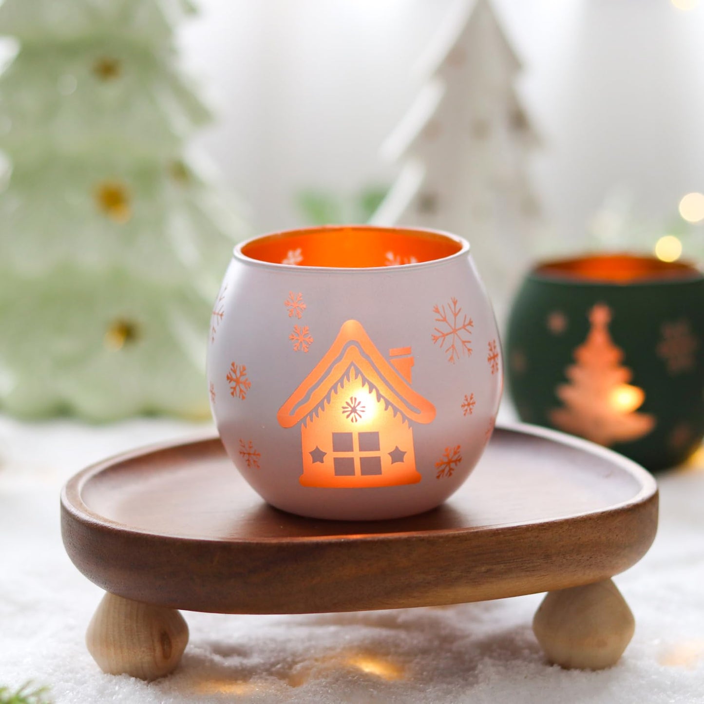 Christmas Candle Holders Set of 4, Frosted Glass Tealight Votive Holders with Snowflake, Reindeer, Christmas Tree Designs, Winter Holiday Table Centerpiece for Indoor Outdoor Decor (Red, Green, White)