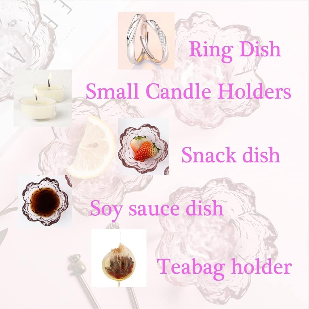 Glass Votive Candle Holders,Glass Seasoning Dishes,Cherry-Blossom Tea Bag Holders,Pink Flower Snack Dip Bowls,Set of 6 Tealight Pillar Trays for Party Housewarming Christmas Valentine Wedding Decor