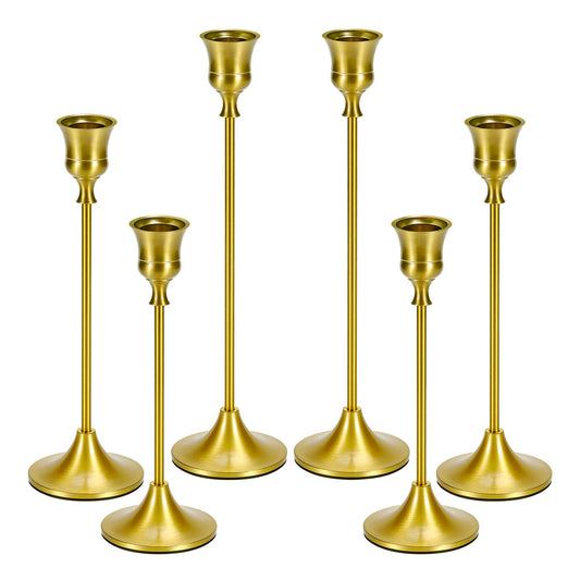 Metal Brass Gold Taper Candlestick Holders Set of 6, Wine‑Glass Shaped Candle Stick Holder with 3 Assorted Heights, Elegant Table Centerpiece Decor for Wedding Christmas Fireplace