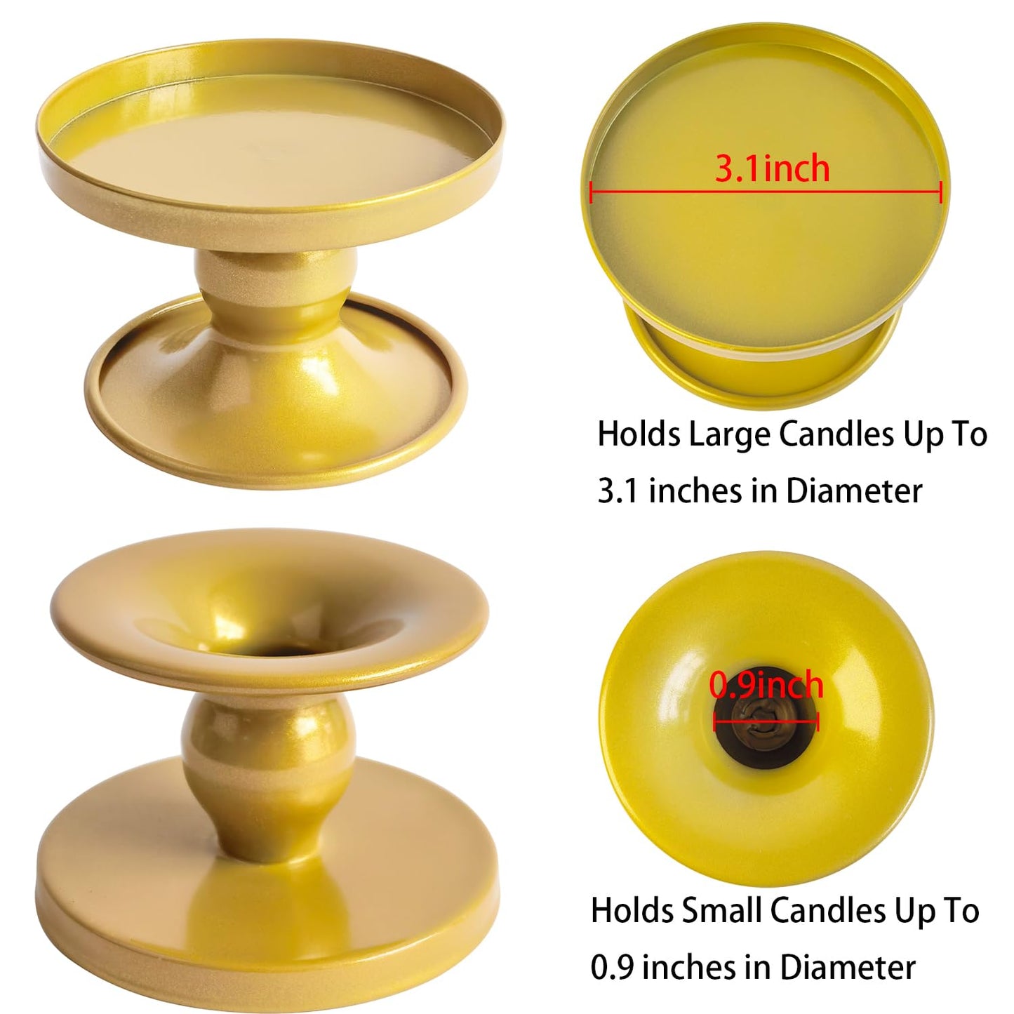 Table Gold Candle Holders – Set of 2 | Reversible Metal Candle Stand for Pillar & Taper Candles | Stylish Tabletop Candle Tray for Home Décor, Weddings & Special Occasions (Gold)