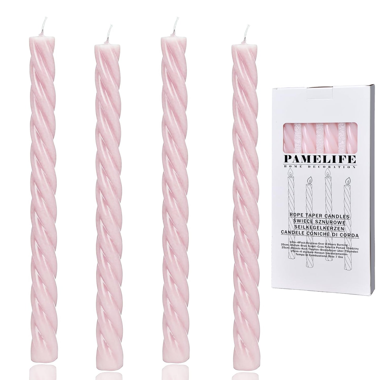 Pink Spiral Taper Candles,10 Inch Baby Pink 4pack Unscented Dripless Long Burning Time Glossy Candlesticks for Dinner Party, Wedding Shower and Home Decoration (Light Pink)