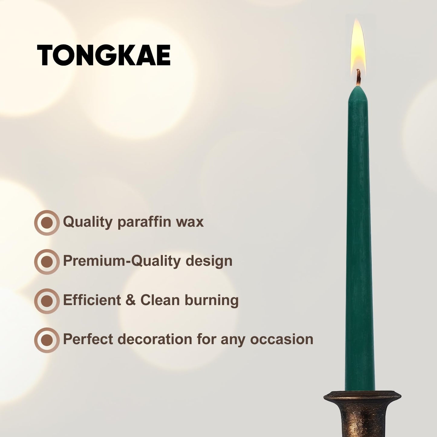 Tongkae Taper Green Candles, 4 Pack, 10 Inches Long, Unscented, Smokeless, Dripless, Cotton Wick, 7-8 Hours Burn Time, for Dinners, Christmas, Weddings, Parties, Holidays, Religious Events, Home Decor