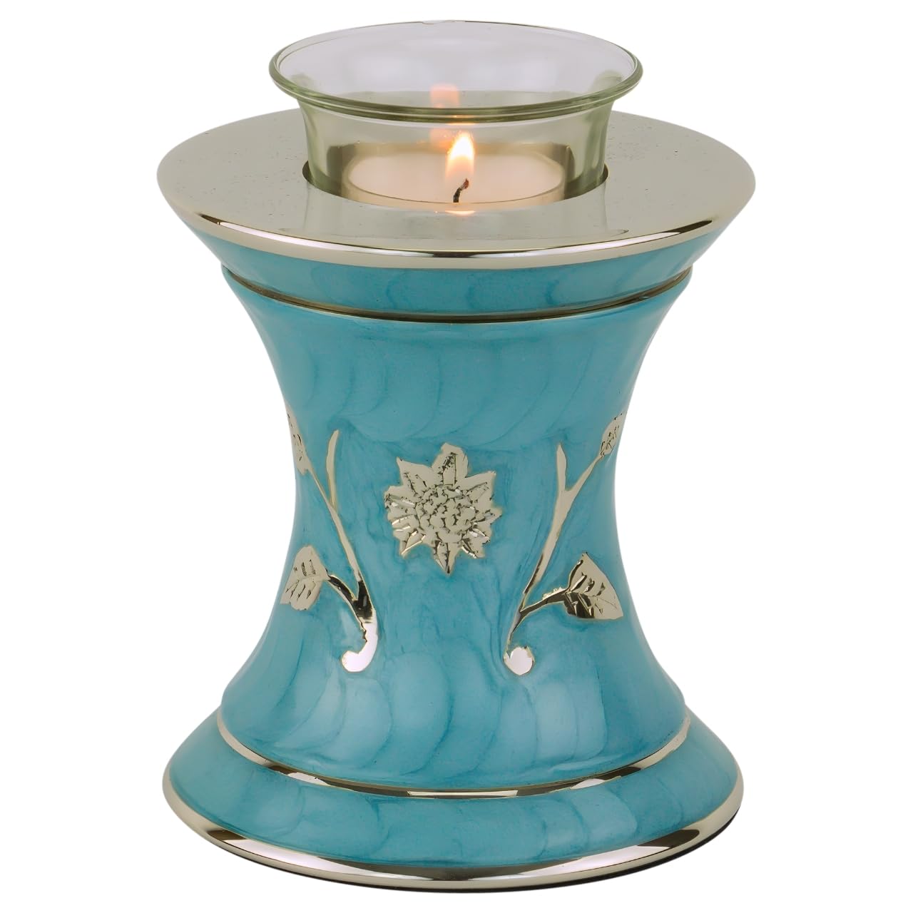 Grace Turquoise Tealight Cremation Urn for Ashes, Brass Memorial Candle, Blue Green, Extra Small Size, 5.5 Inches High