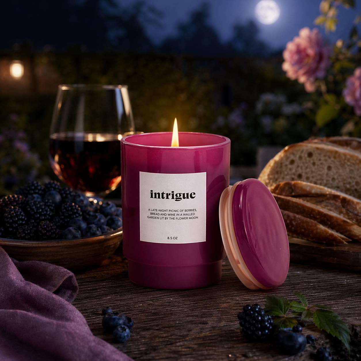 AromaLight 8.5oz with Lid Glass Jar Candle in Plum – Midnight Berry Sandalwood Scent, Intrigue Collection, Luxury Mini Candle