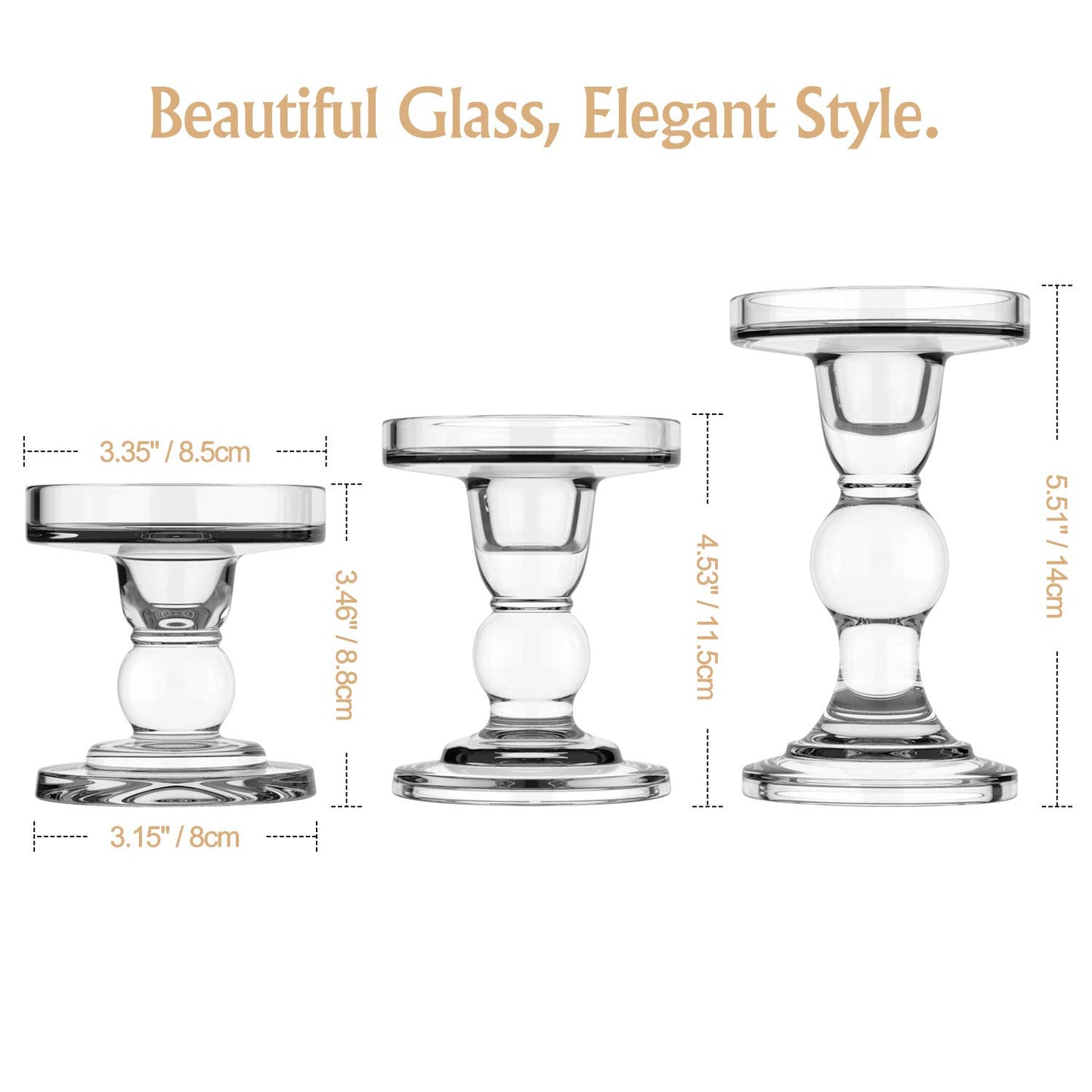 Lewondr Glass Candle Holders, 3 Pieces Crystal Clear Candlesticks with Elegant Design for Pillar Taper Candle and Tea Light, Home Table Living Room Wedding Party Decorations Home Décor - Clear