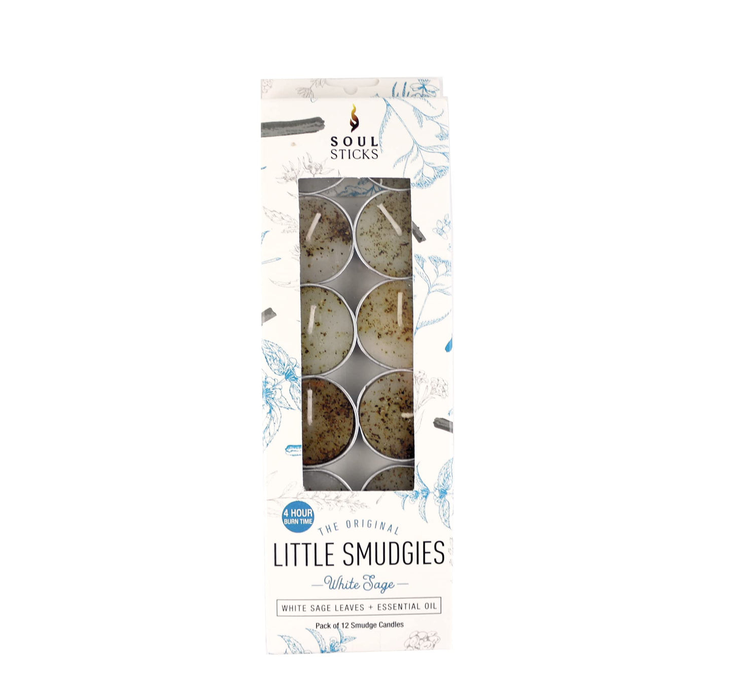 SOUL STICKS 12 Pack Little Smudgies Tealight Candles Smudge Candle for Cleansing House, Meditation, Chakra Healing | Made with Crystals and Herbs (White Sage)