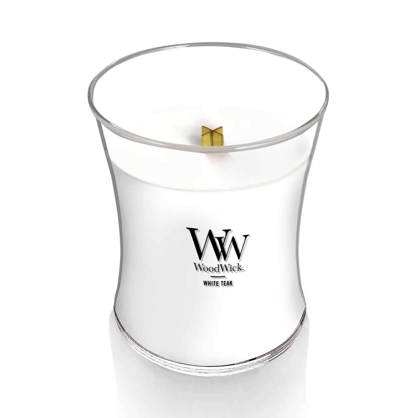 WoodWick Medium Hourglass Candle White Teak - Premium Soy Blend Wax Pluswick Innovation Wood Wick Made in USA