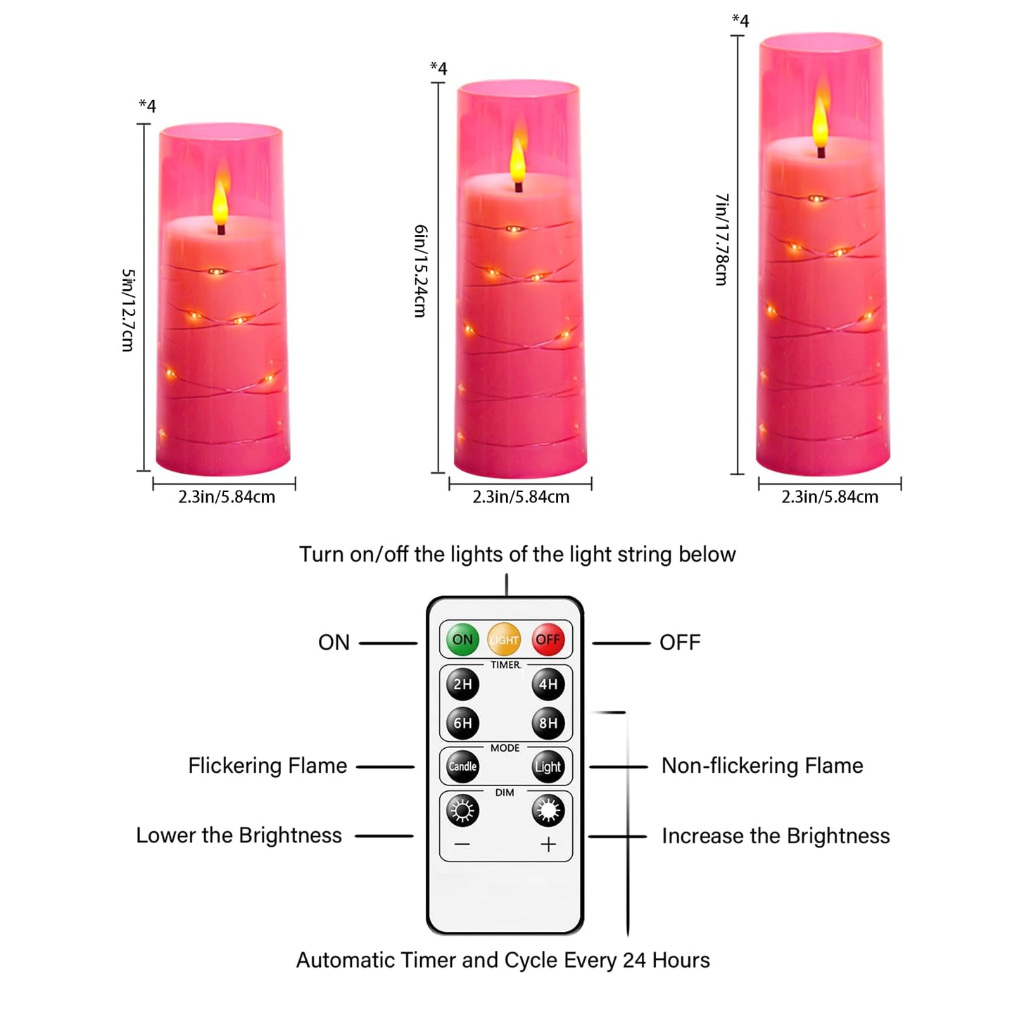 Sasigeiaa Flameless Candles with Embedded Star String - Battery Operated LED Candles, with Remote,12 Pink Flickering Candles for Christmas, Weddings, Home Decor & Party,(D 2.3"×H 5" 6" 7")