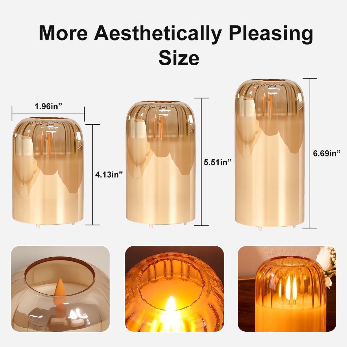 LEDHOLYT Rechargeable Jar Flameless Candle, Flashing LED Pillar Christmas Candle with Remote Control and Timer, Gold Pumpkin Glass Electronic Candles for Room Decoration, 1 Set of 3