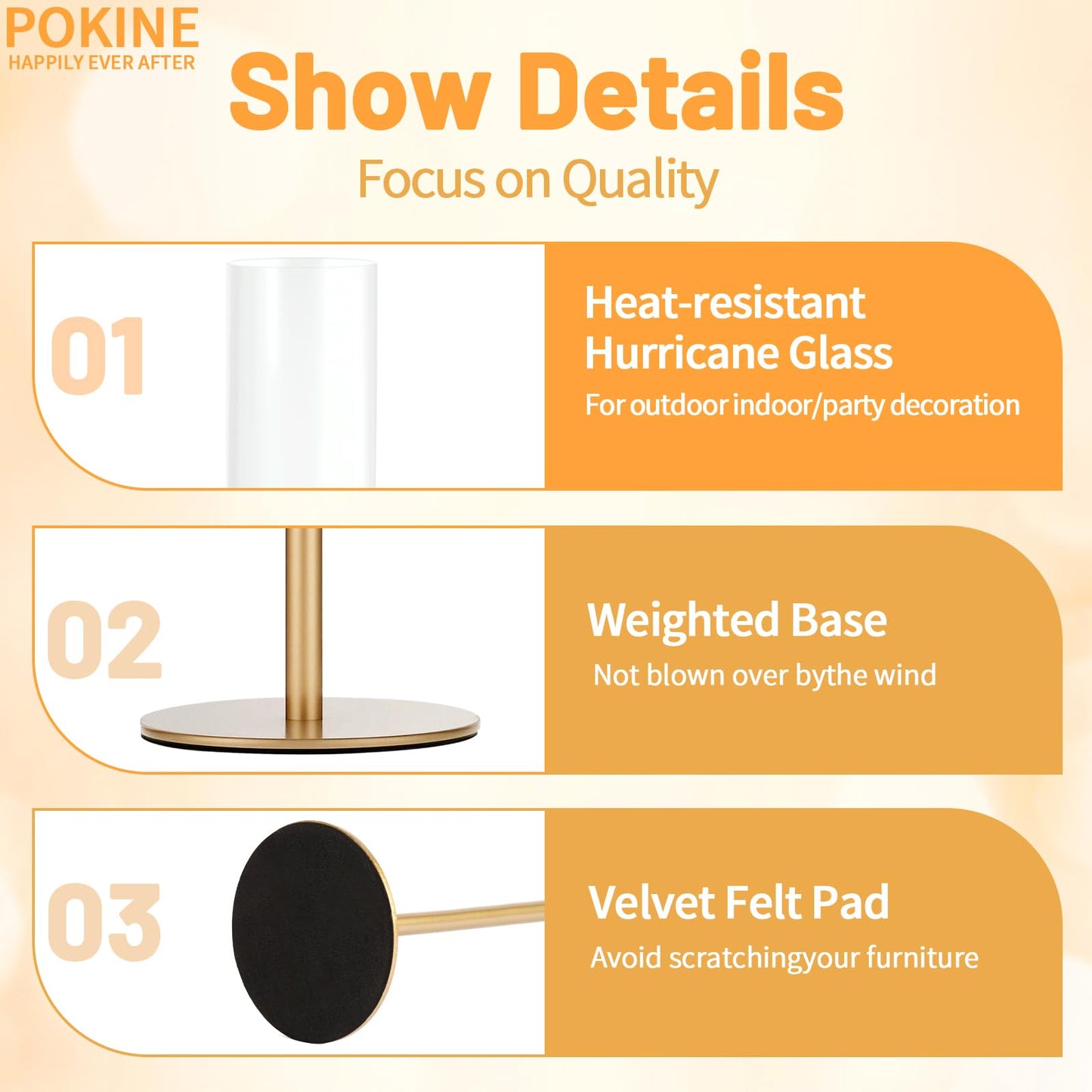 POKINE Set of 6 Gold Candle Holders, Tall Hurricane Candlestick Holders with Glass for Taper and Pillar Candles, Home Decor for Wedding, Christmas, Party, Anniversary, Dining Table