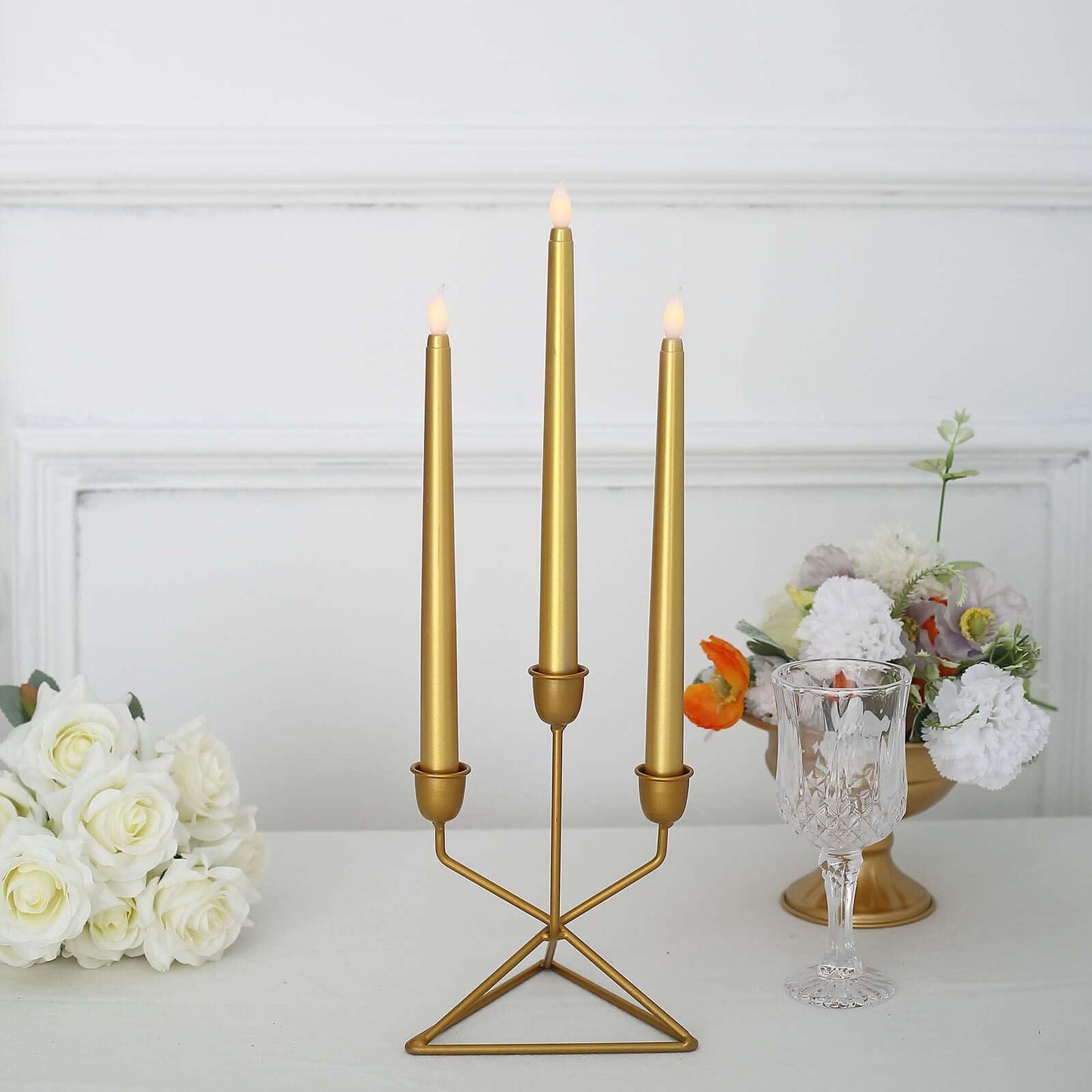 Efavormart Set of 3 | 11" Gold Flickering Flameless LED Taper Candles, Battery Operated Warm Glow Fake Candles for Wedding Centerpieces & Holiday Table Decor