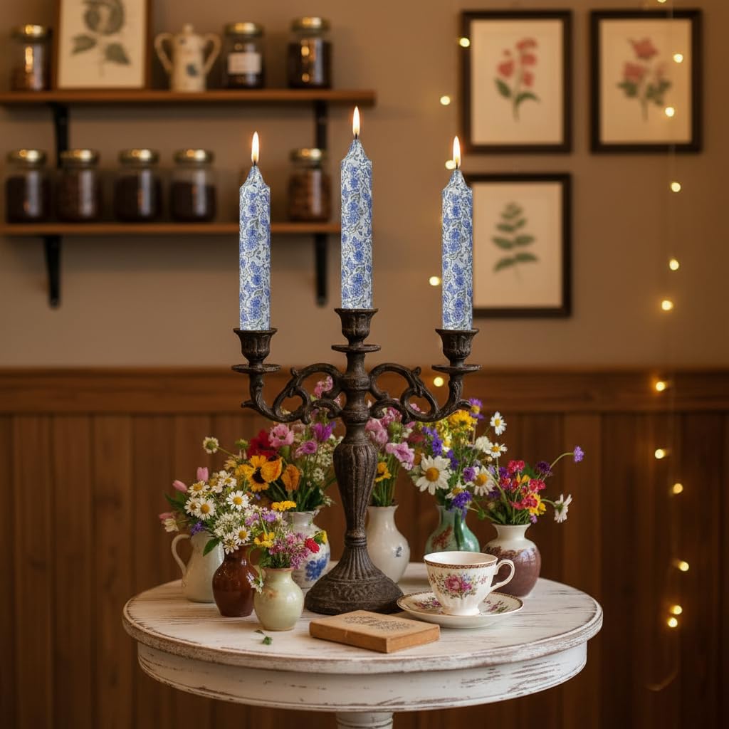 Short Blue and White Taper Candles 7 Inch Handmade Floral Candle Sticks Smokeless Unscented Clean Burning Candles for Meditation Sailing Housewarming Gift Wedding Birthday Home Dinner