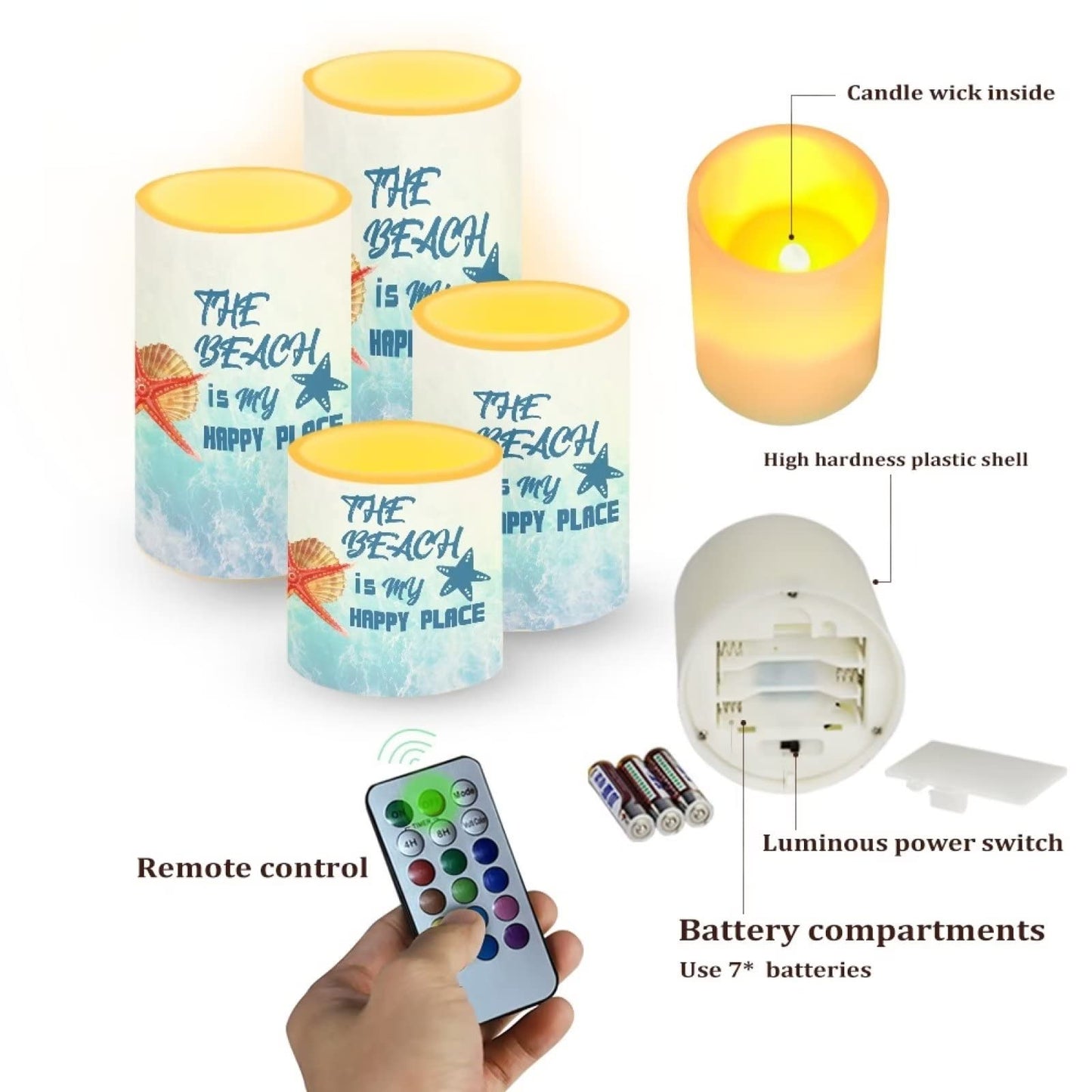 Cozeyat Summer Beach Pattern Flameless Votive Candles 4 Packs,Electric Tealight Battery Powered,Flickering Tea Lights,Cycling 24 Hours Timer Real Wax Lights for Festival Wedding Home Decor
