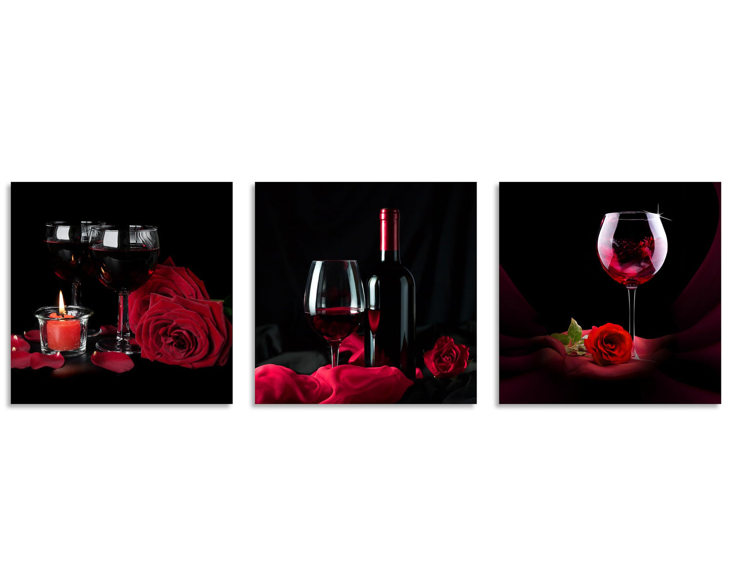 OWNANRTHM Rose Wine Picture Red Wine Rose and Candle Picture Painting Wall Art Red Wine Glass Canvas Wall Art for Living Room Bedroom Home Wall Decor Stretched and Framed 12" x 12" x 3 Pieces