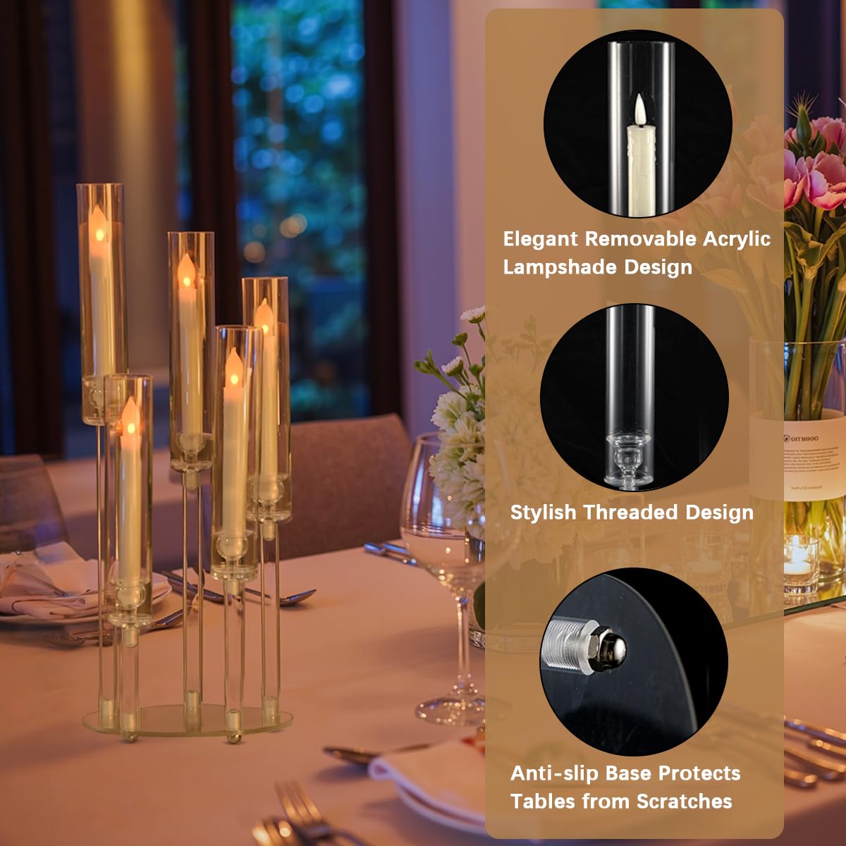 4PCS 5 Arm Acrylic Candelabra for Table Wedding Centerpiece,Crystal Clear Candle Stick Holders Candelabra Centerpiece Stands with Removable Lampshade for Party Easter Baby Shower Fit 0.8 LED Candle