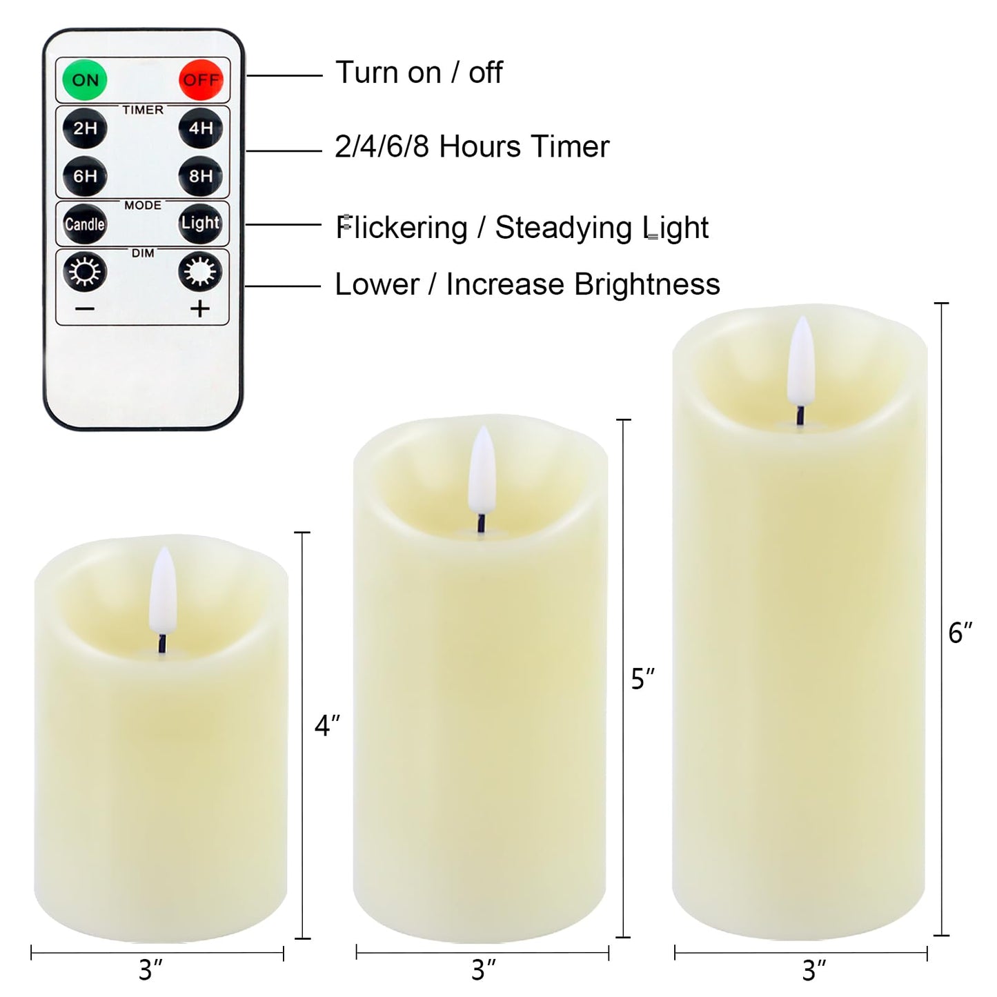 Warmhere Flameless Candles Battery Operated with Remote Timer, 3D Flame Flickering, Last 500+ Hours Battery Candles, Ivory Real Wax LED Pillar Candle for Wedding Home Christmas Decorations, Set of 3