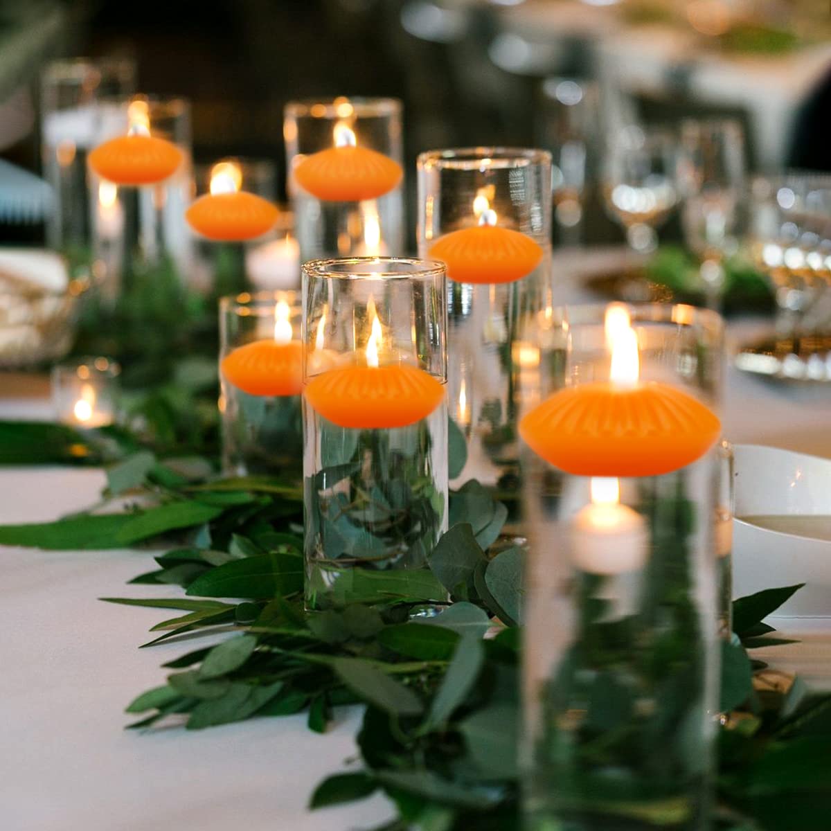Orange Floating Candles for Cylinder Vases, 24 Pack 2 Inches Water Tealight Candles for Centerpieces at Halloween Fall Wedding Dinner Party Spa Treatments