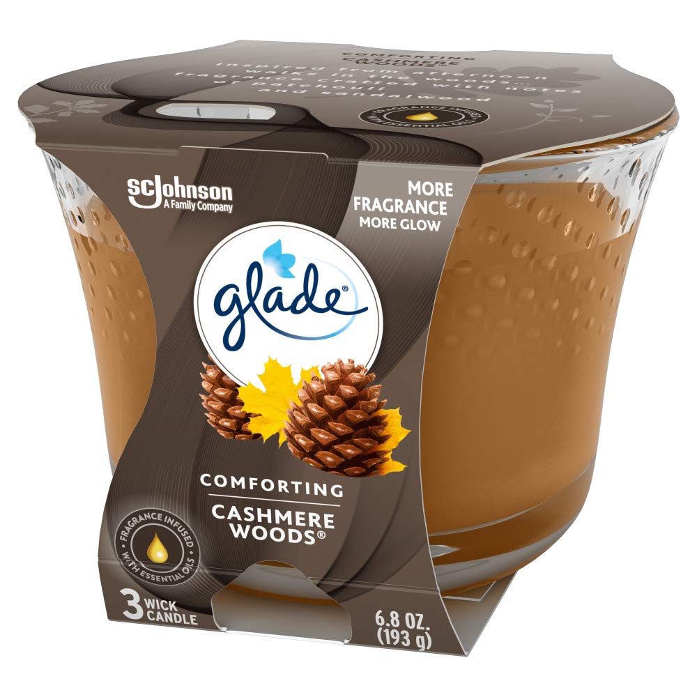 Glade Candle Cashmere Woods, Fragrance Candle Infused with Essential Oils, Air Freshener Candle, 3-Wick Candle, 6.8 Oz, 3 Count