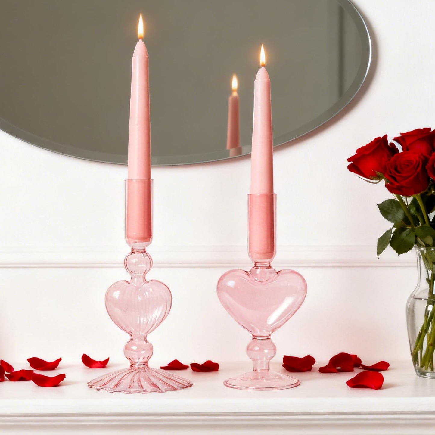WDS WONDROUS Glass Candle Holders Set of 2 – Pink Heart Taper Candle Holders for Valentine's Day, Candlestick Holder Wedding Decorations, Farmhouse Home Coffee Table Decor & Housewarming Gifts