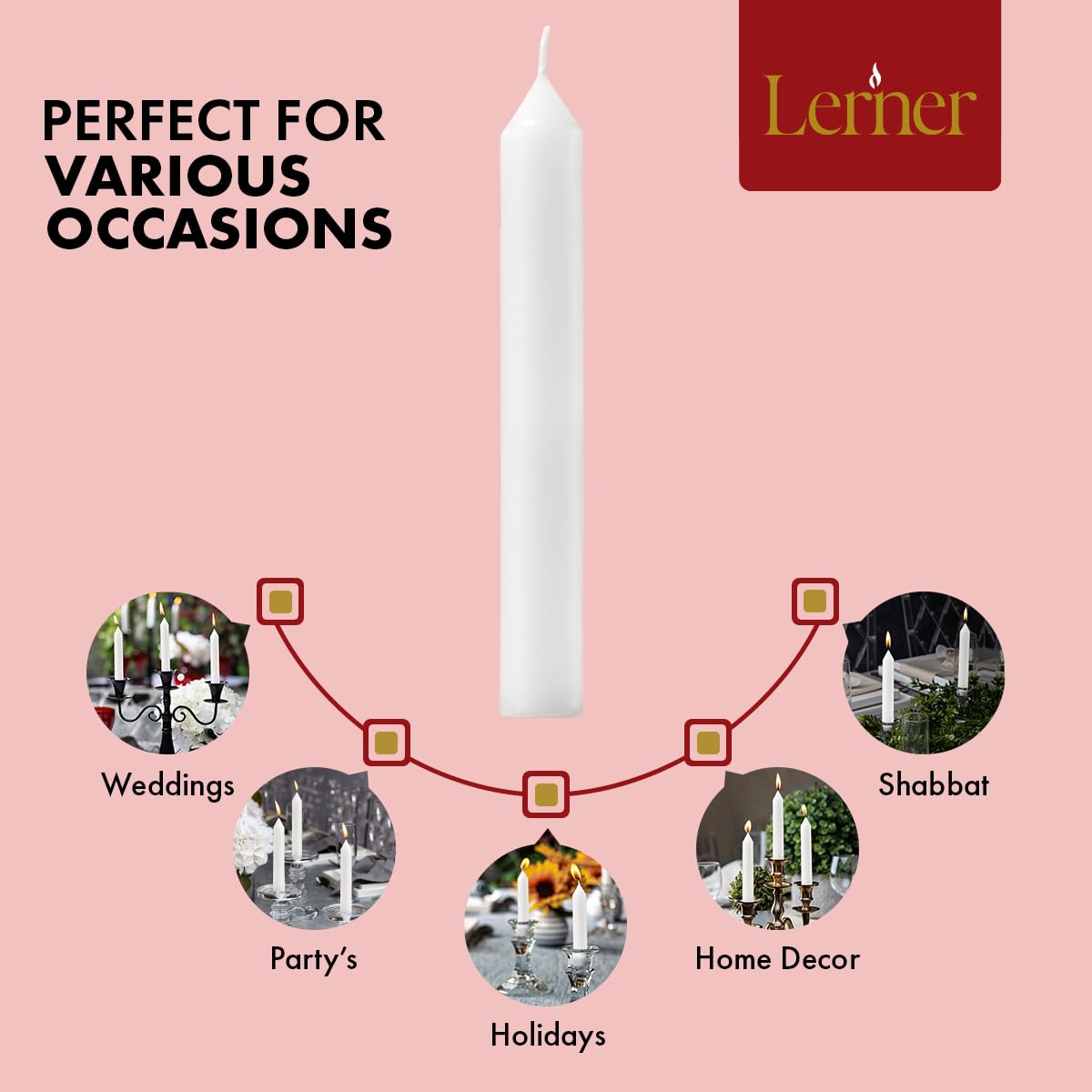 Lerner White Household Candlesticks, Pack of 72 | 5-Hour Burning Time | 6 Inch Tall Dinner Candles | 100% Dripless | Shabbat Candles | Candlesticks for Holidays, Churches, Décor, Emergencies