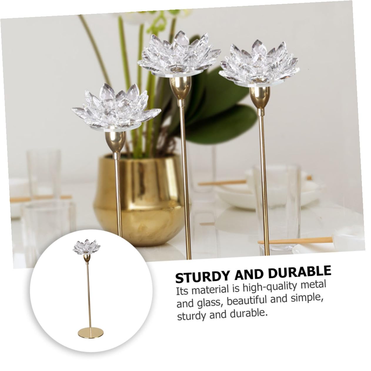 SHINEOFI Crystal Lotus Metal Candlestick Holder Small Gold, Wedding Candlelight Dinner Decoration, Tabletop Candle Centerpiece for Home and Event Use