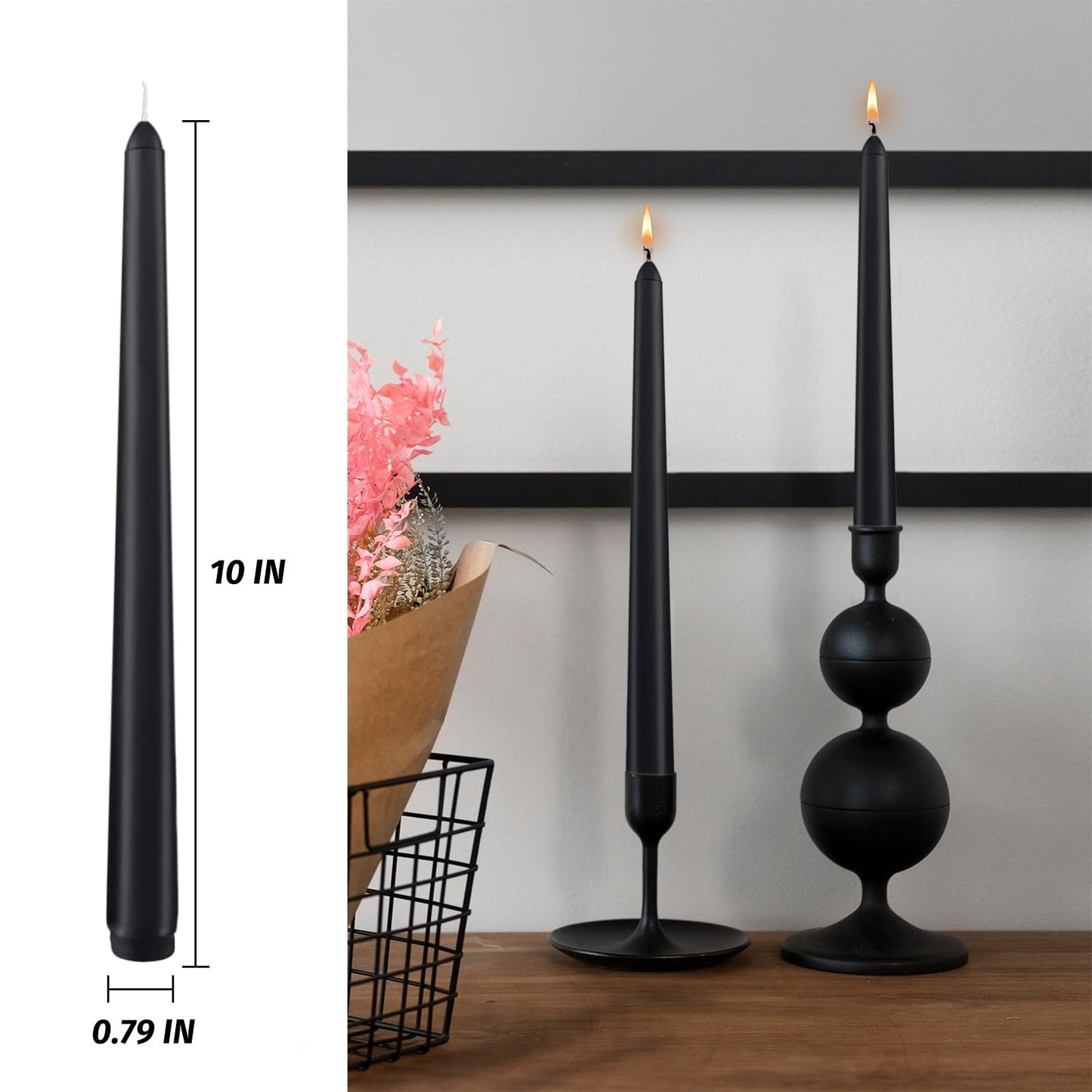 Black Taper Candles 10 inch (H) Dripless, Set of 8 Unscented and Smokeless Taper Candles Long Burning, Paraffin Wax with Cotton Wicks for Burning 8 Hours Time